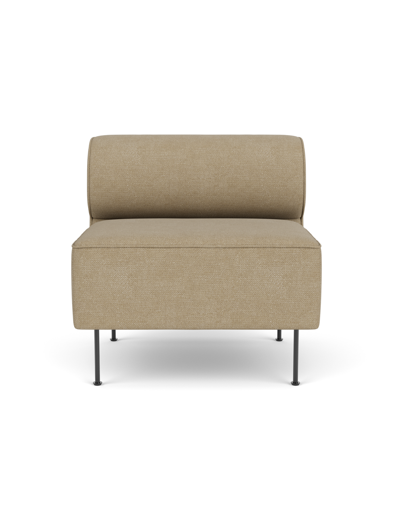 Front view of the Eave Dining Sofa module in light brown Audo Bouclé 02 fabric, showing its low back and slim metal legs.