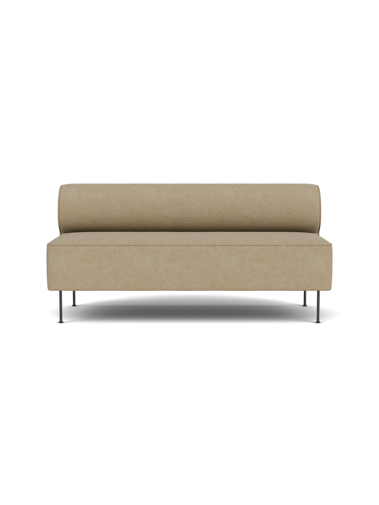 Front view of the Eave Dining Sofa upholstered in light brown Audo Bouclé 02 fabric, with a bolster back and slim metal legs.