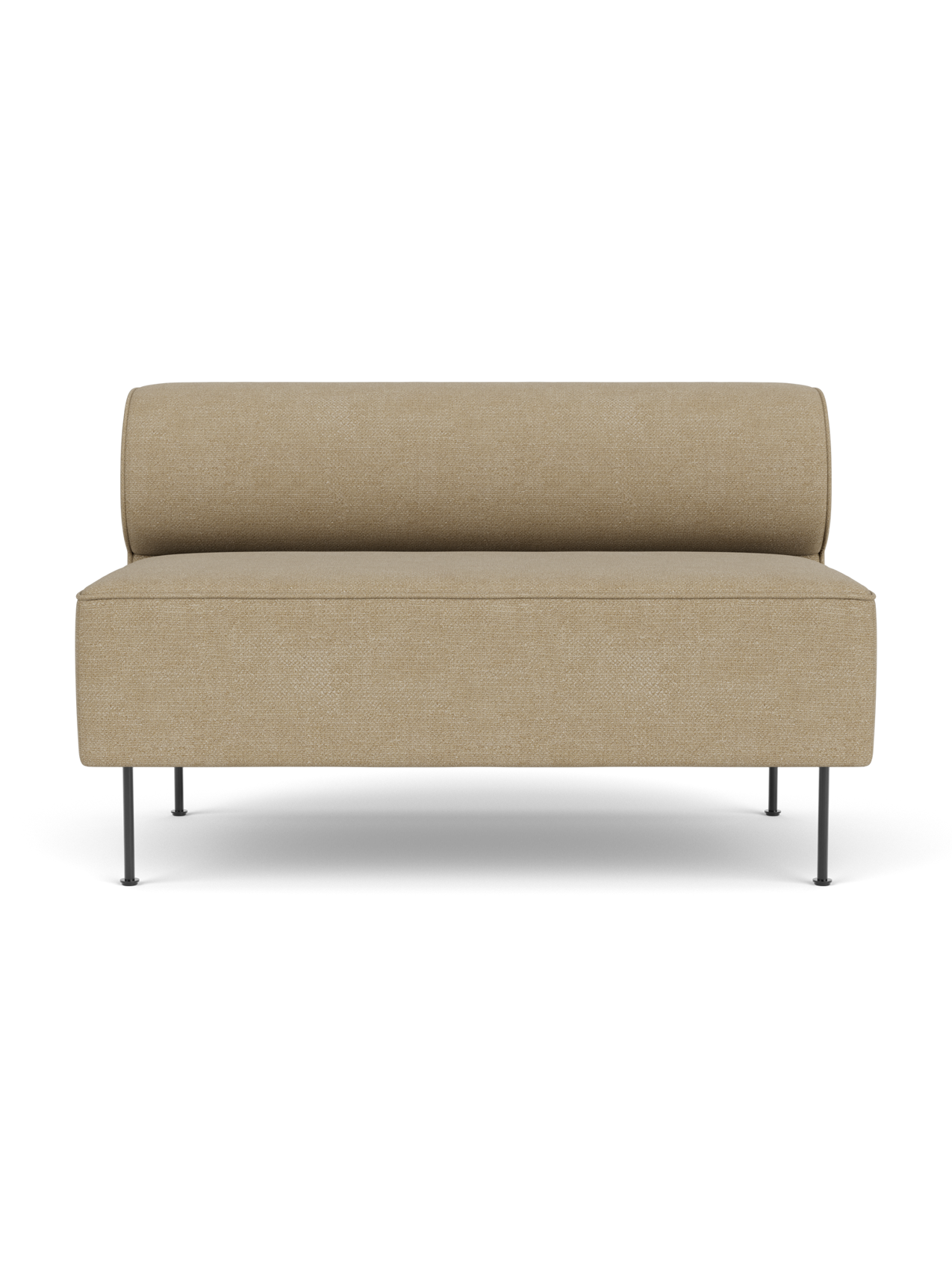 Front view of the Eave Dining Sofa, upholstered in beige Audo Bouclé 02, showing its slim metal legs and cylindrical back.