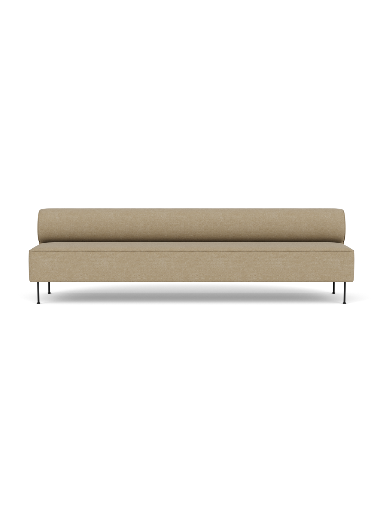 Front view of the minimalist Eave Dining Sofa in light beige Audo Bouclé 02, featuring a low back and slender black legs.