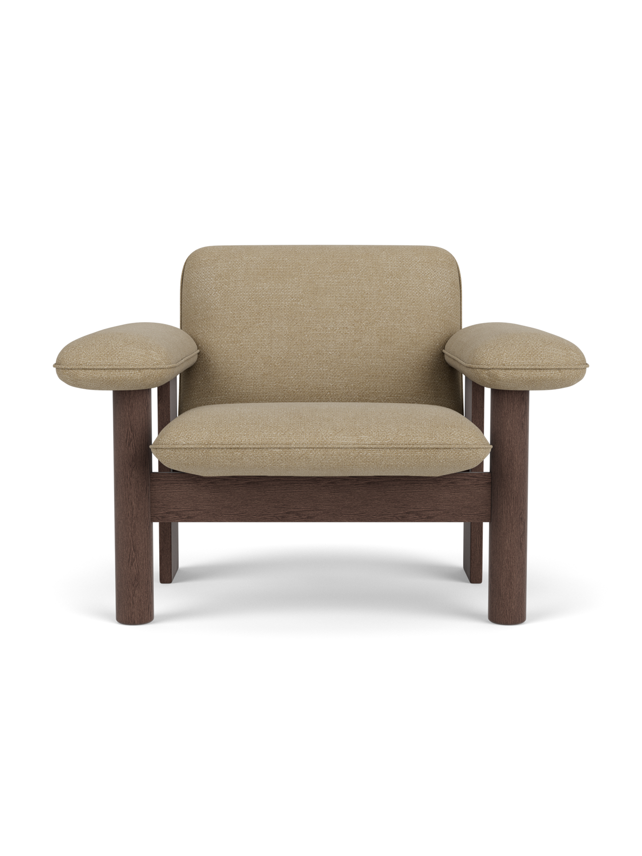 Front view of the Brasilia Lounge Chair, Low Back, featuring a dark stained oak frame and light beige Audo Bouclé upholstery.