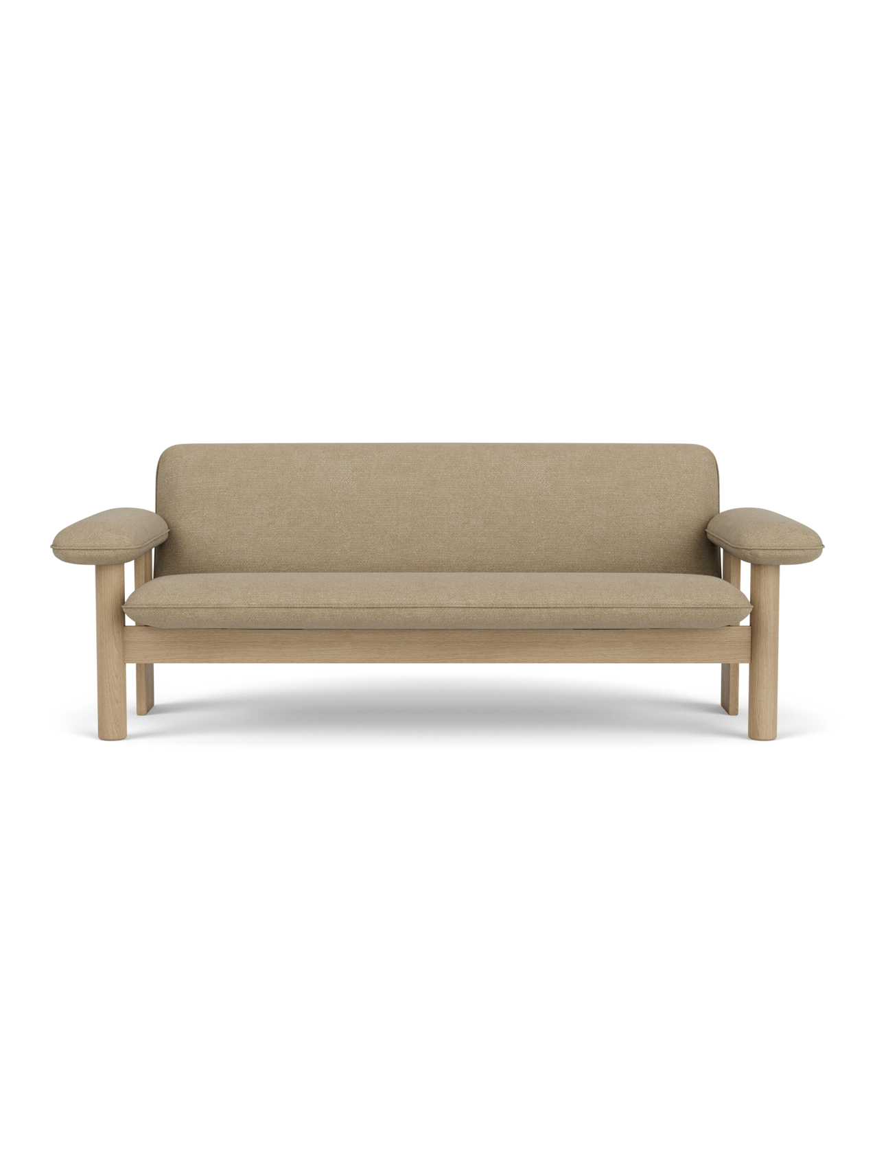 A front-on view of the two-seater Brasilia Sofa, featuring a natural oak frame and upholstered in light beige Audo Bouclé 02.