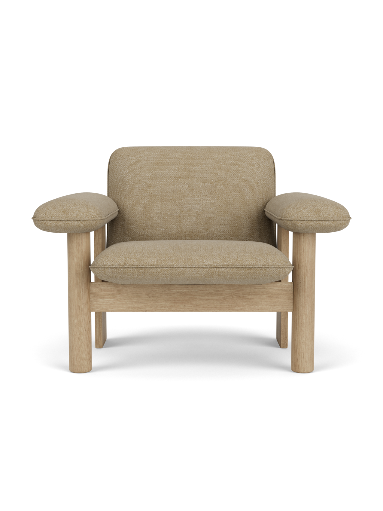 Front view of the Brasilia Lounge Chair, Low Back, with a natural oak frame and upholstered in light beige Audo Bouclé 02.