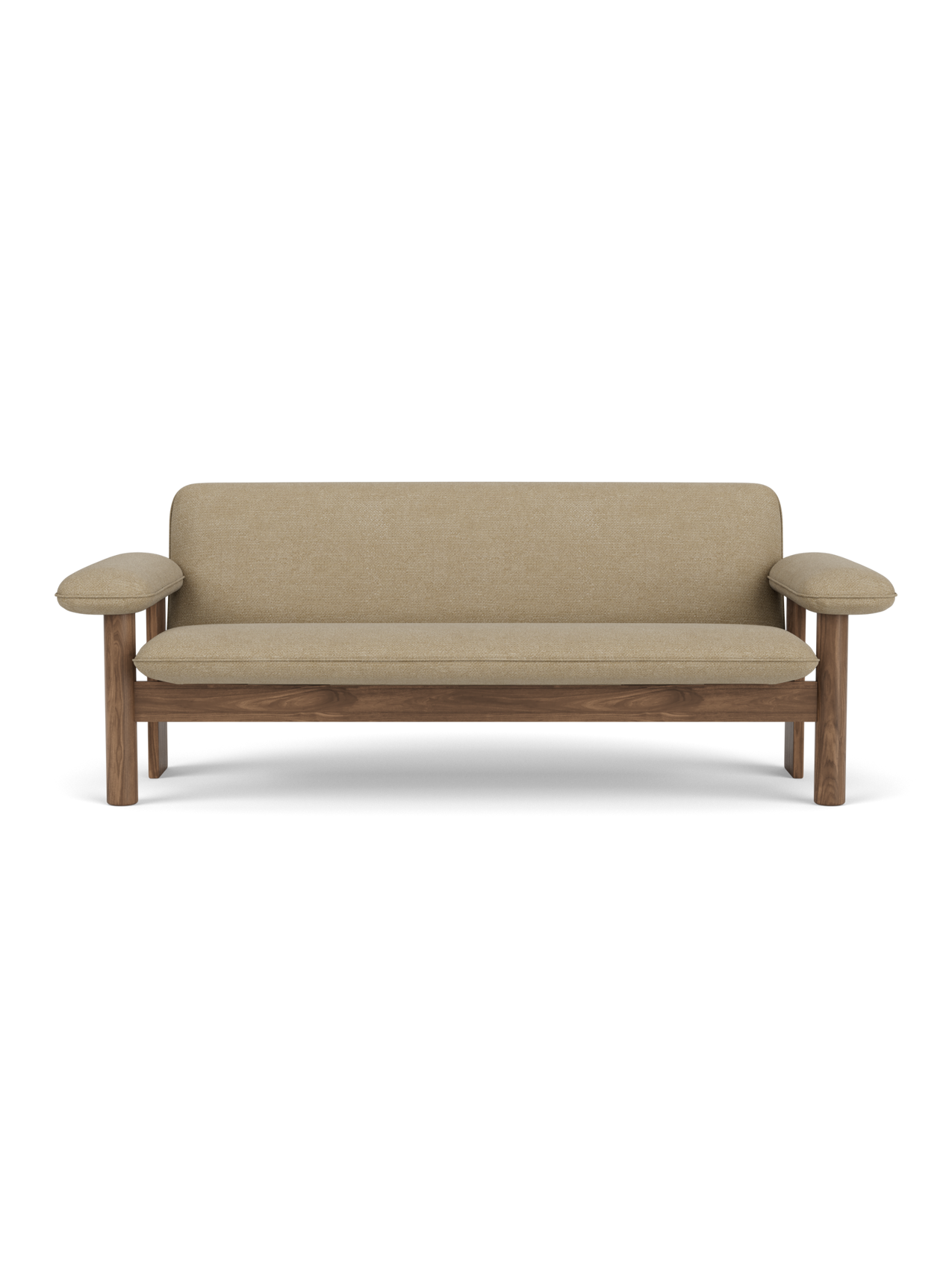 A front-on studio shot of the Brasilia Sofa, featuring a walnut wood frame and beige Audo Bouclé 02 upholstery.