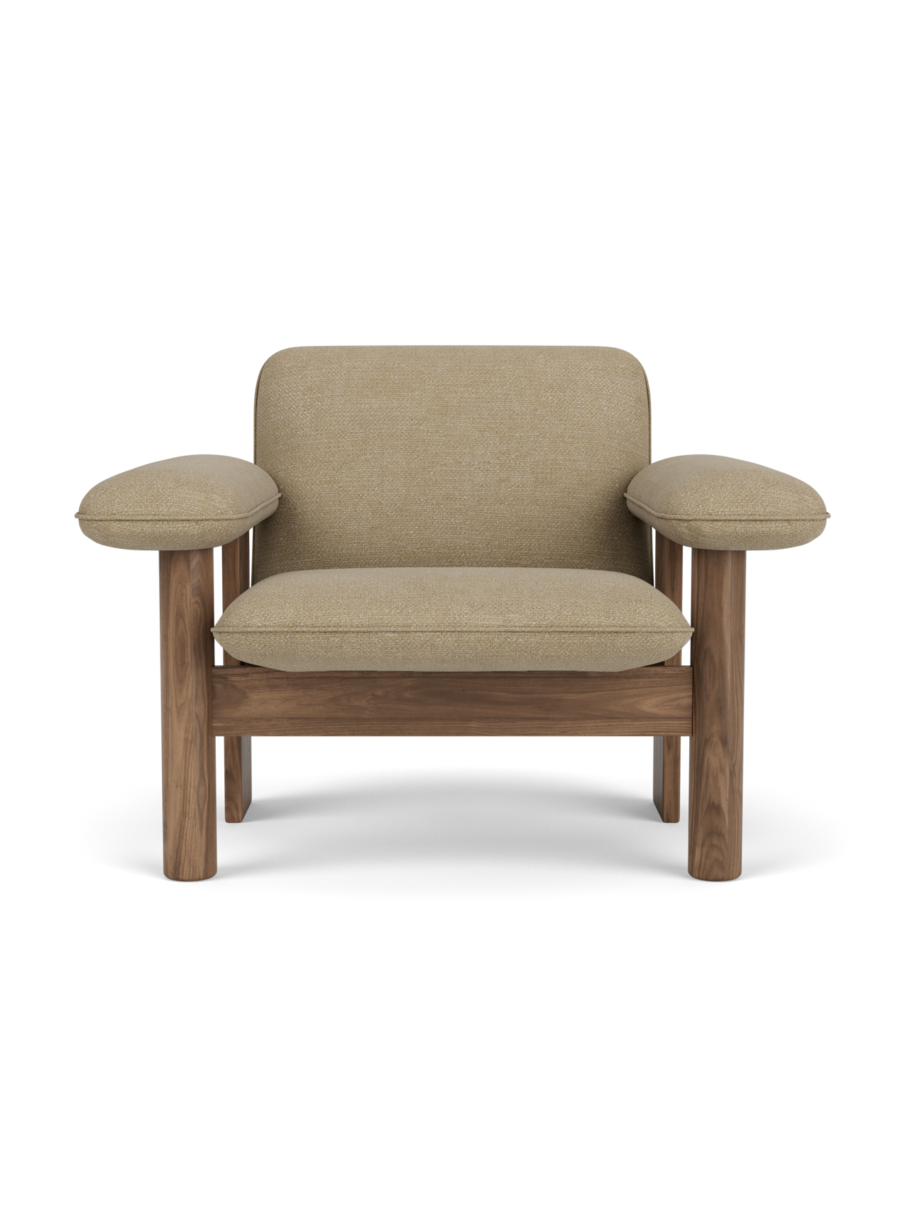 Front view of the Brasilia Lounge Chair, Low Back, with a walnut wood frame and light beige Audo Bouclé 02 upholstery.