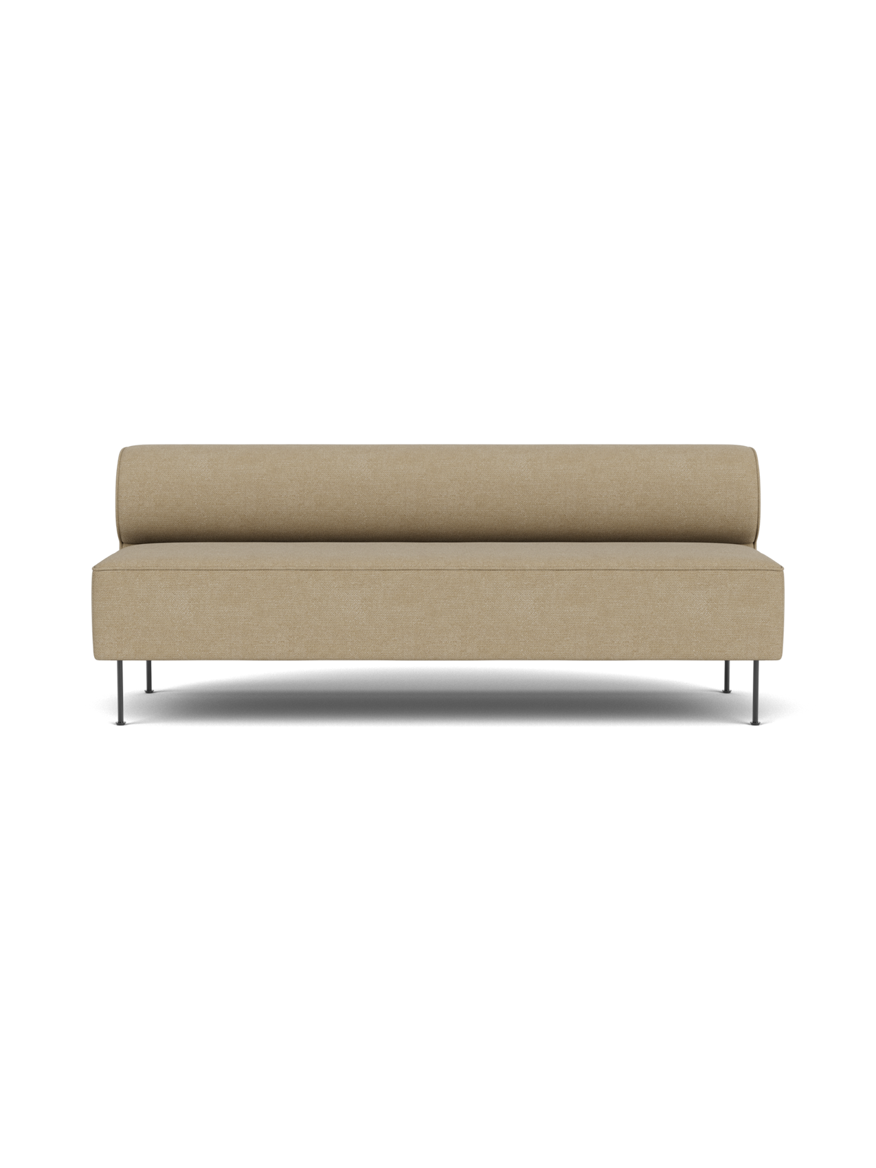 Front view of the Eave Dining Sofa in beige Audo Bouclé 02 fabric, with a low backrest and slender metal legs.