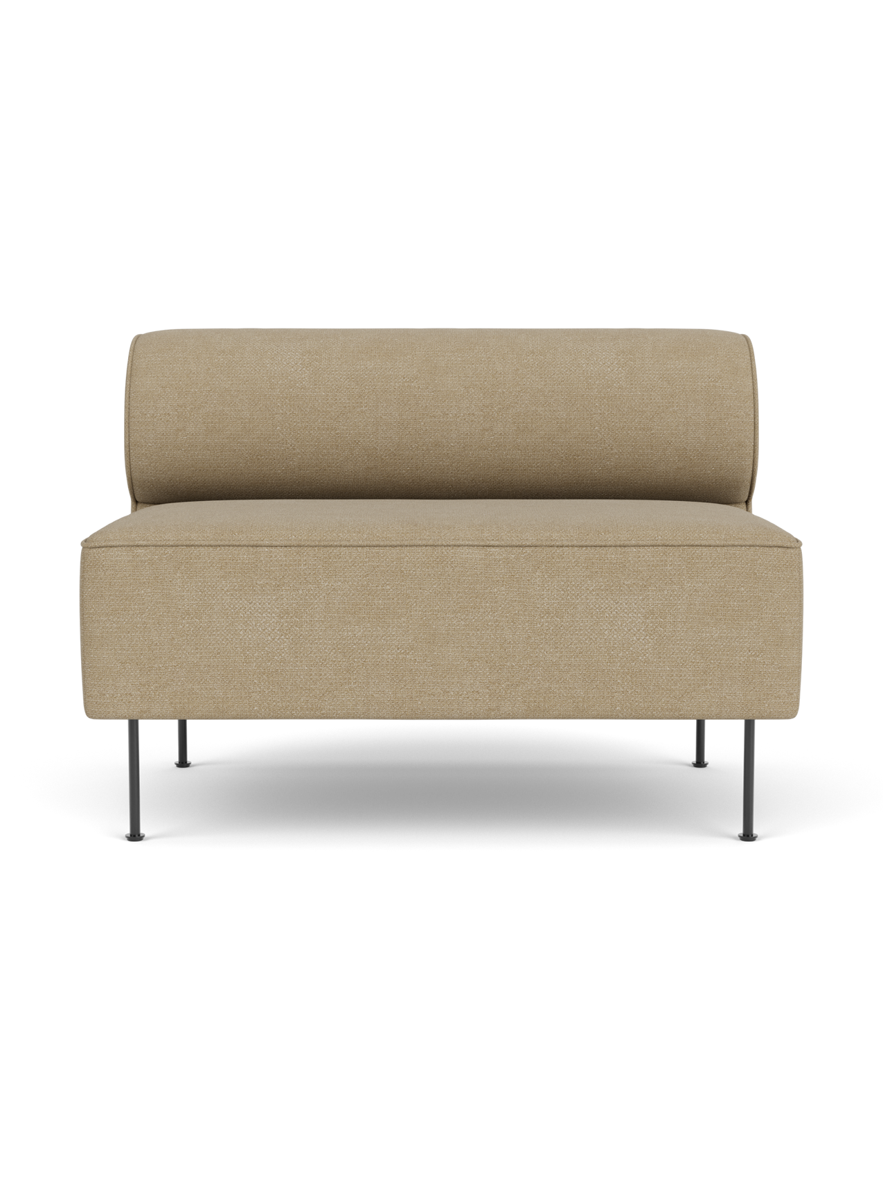 Eave Dining Sofa in Audo Bouclé 02. A minimalist sofa with a rectangular seat, round backrest, and slim black legs.