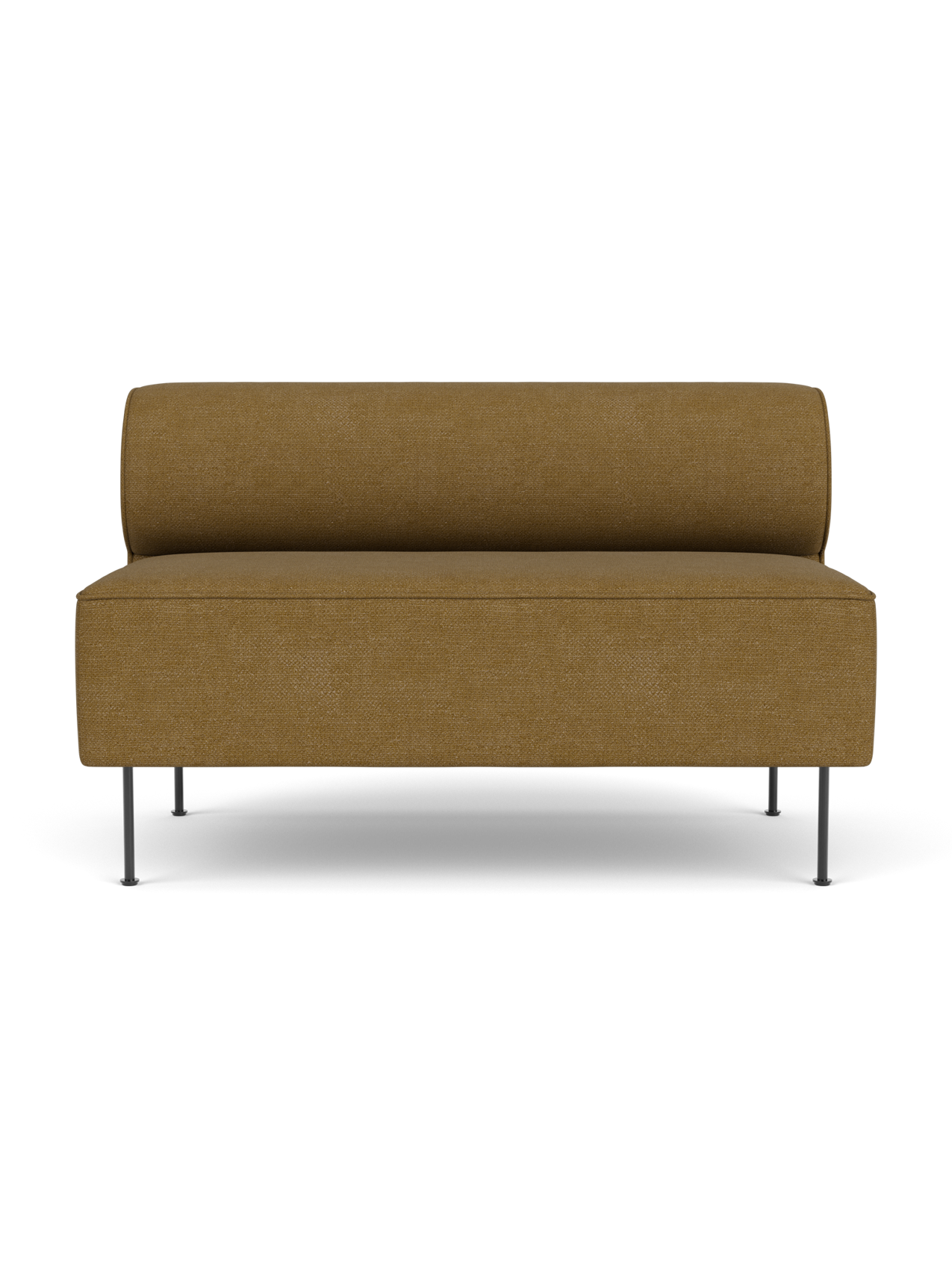 A front view of the Eave Dining Sofa in Audo Bouclé 06 fabric, a mustard-coloured banquette with a sleek, minimalist design.
