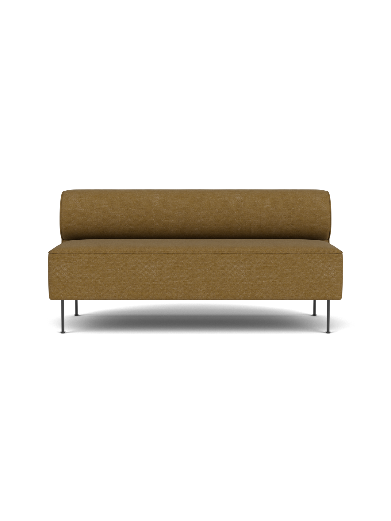 A front-on studio shot of the Eave Dining Sofa upholstered in Audo Bouclé 06, a textured ochre fabric, on slim metal legs.