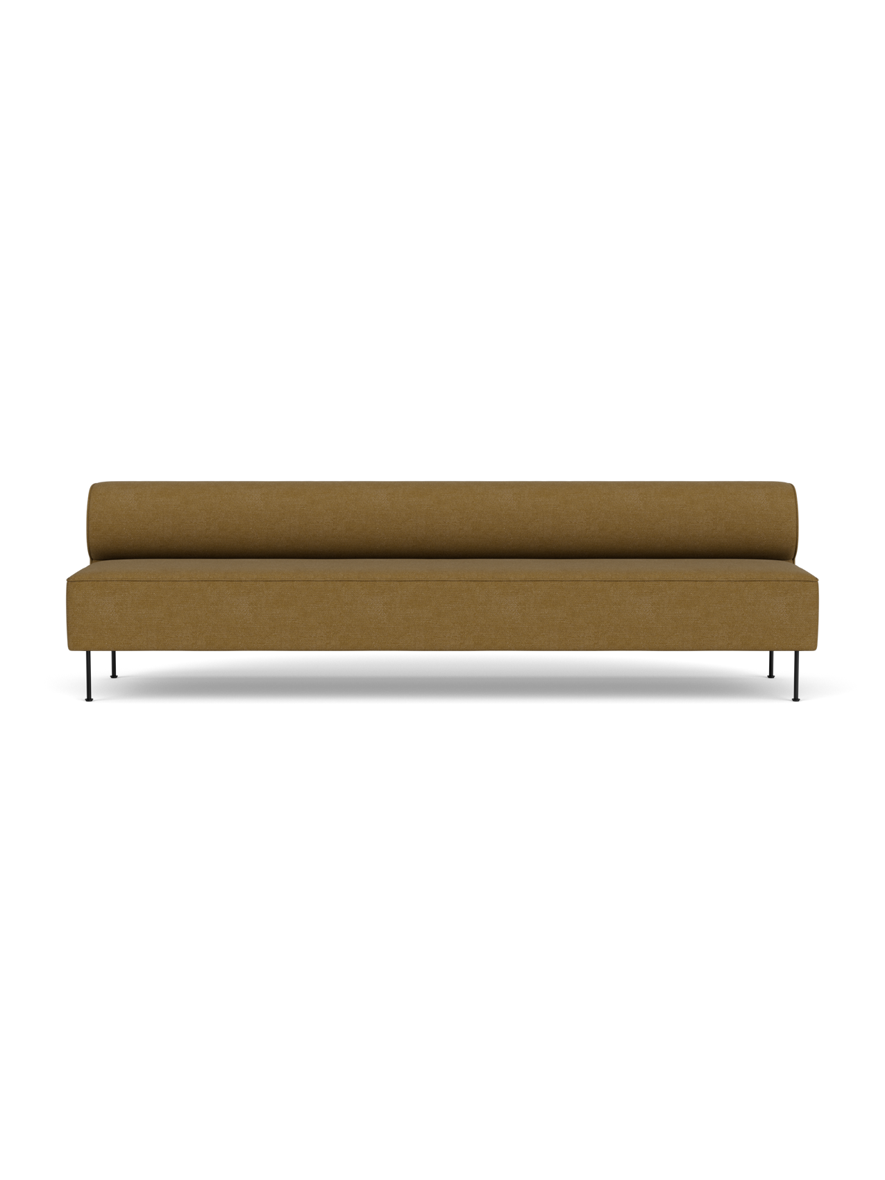 A front-on studio shot of the Eave Dining Sofa upholstered in golden-brown Audo Bouclé fabric, on slender black metal legs.