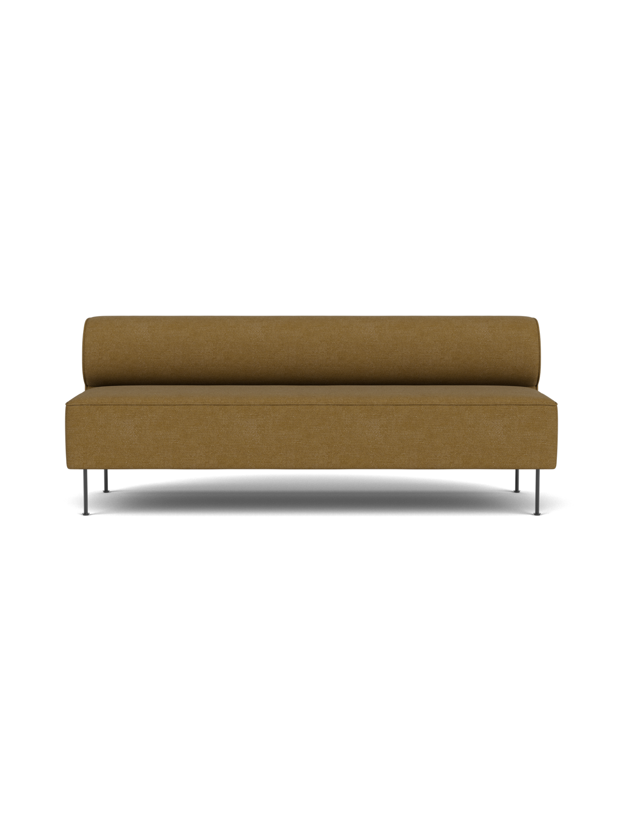 Front view of Eave Dining Sofa upholstered in mustard-yellow Audo Bouclé 06 fabric, with a low back and slender metal legs.