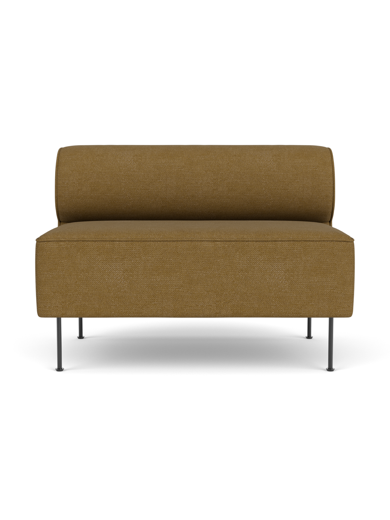 Front view of the Eave Dining Sofa, an open section module, upholstered in a textured ochre Audo Bouclé 06 fabric.