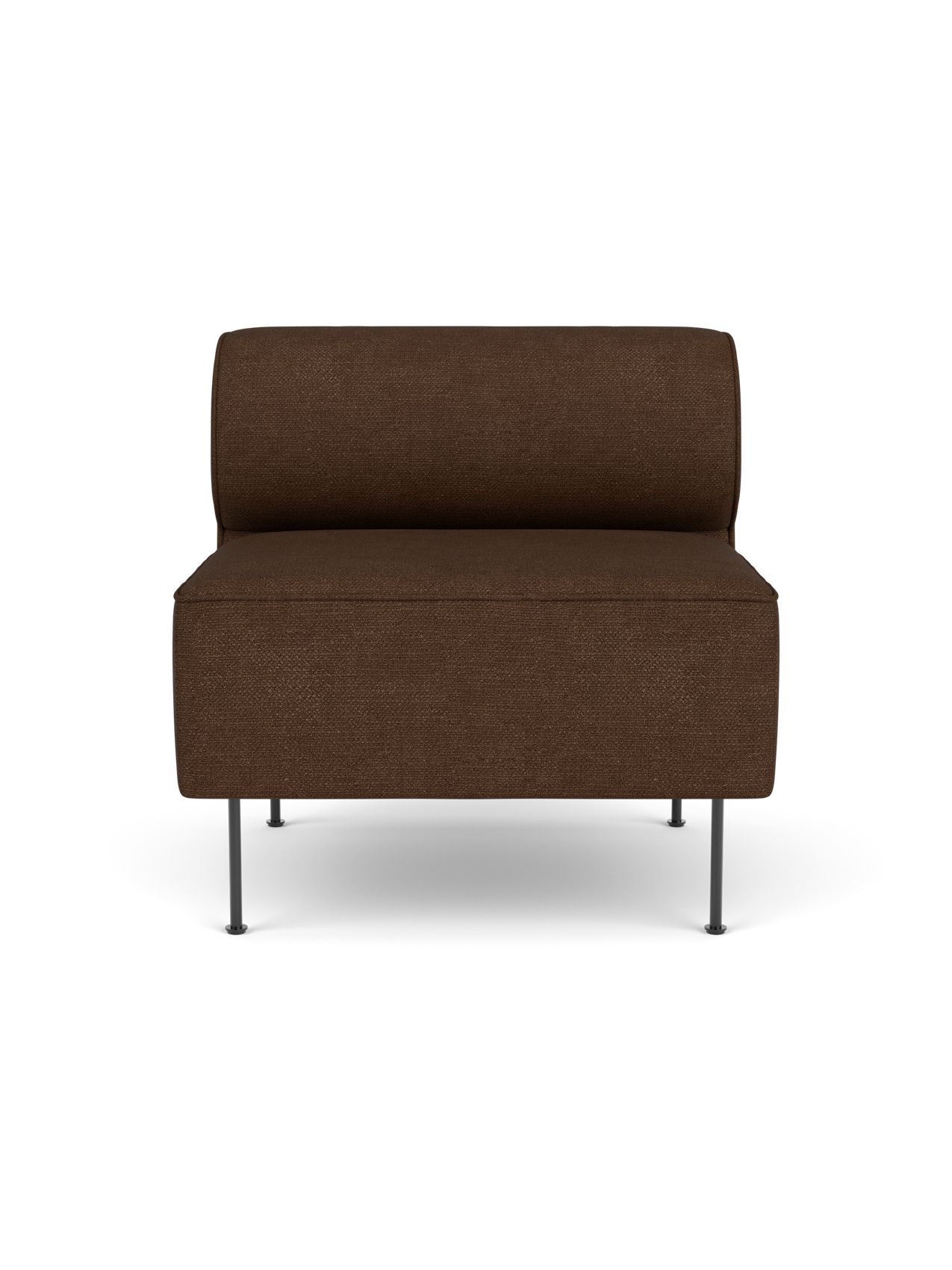 Front view of the Eave Dining Sofa, an open section module upholstered in textured brown Audo Bouclé 07, on slim metal legs.