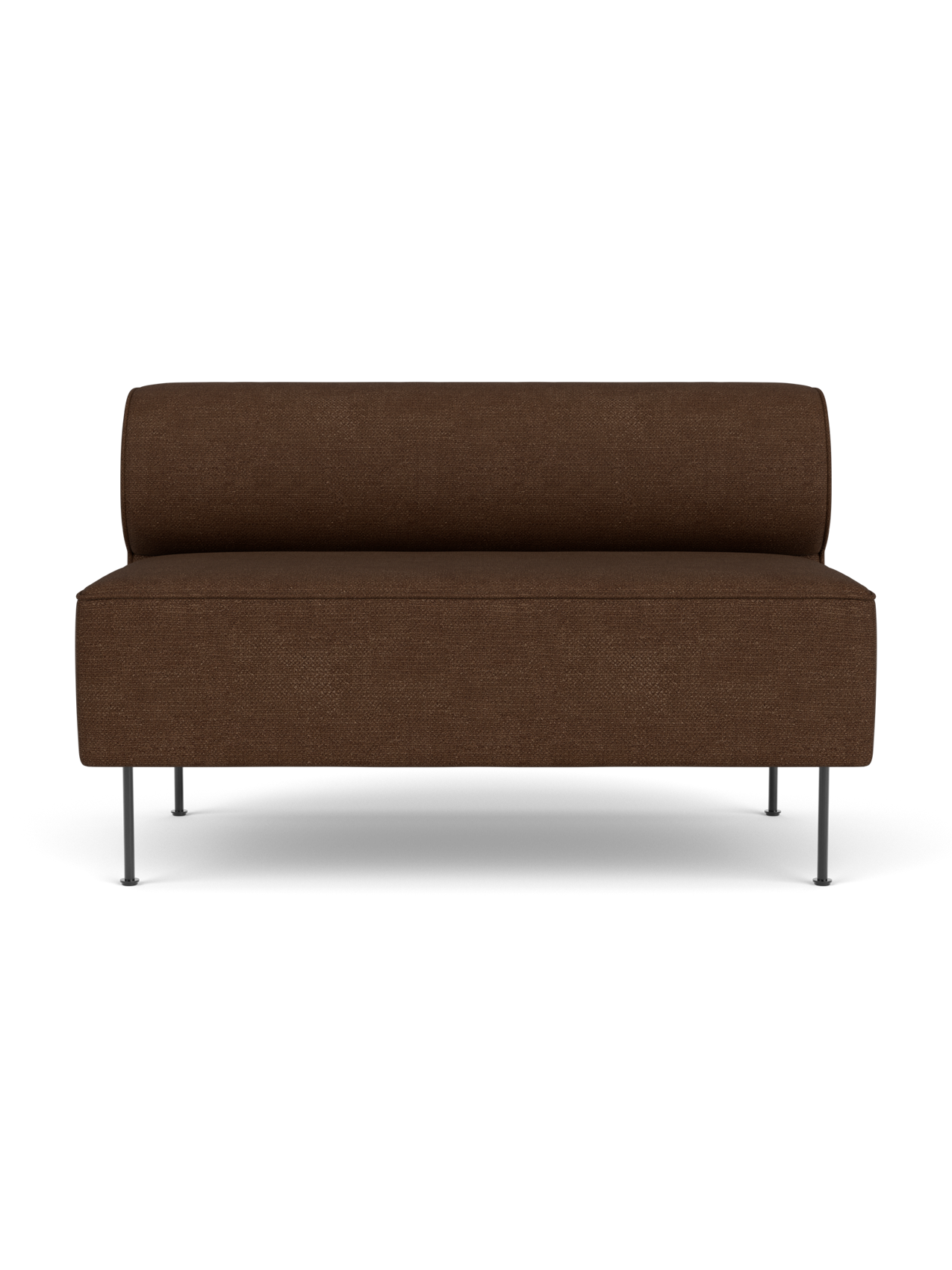 Front view of the Eave Dining Sofa in brown Audo Bouclé fabric, with a rounded backrest and slim metal legs.