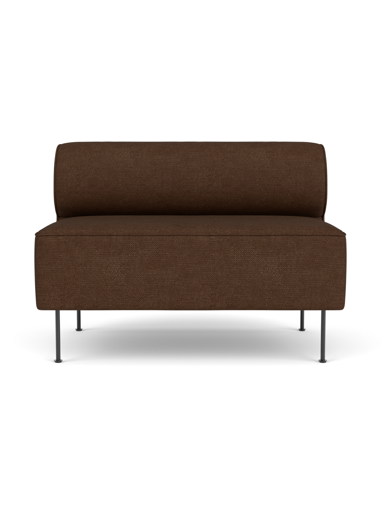 A front-on view of the Eave Dining Sofa module, upholstered in a textured brown Audo Bouclé fabric and has thin metal legs.