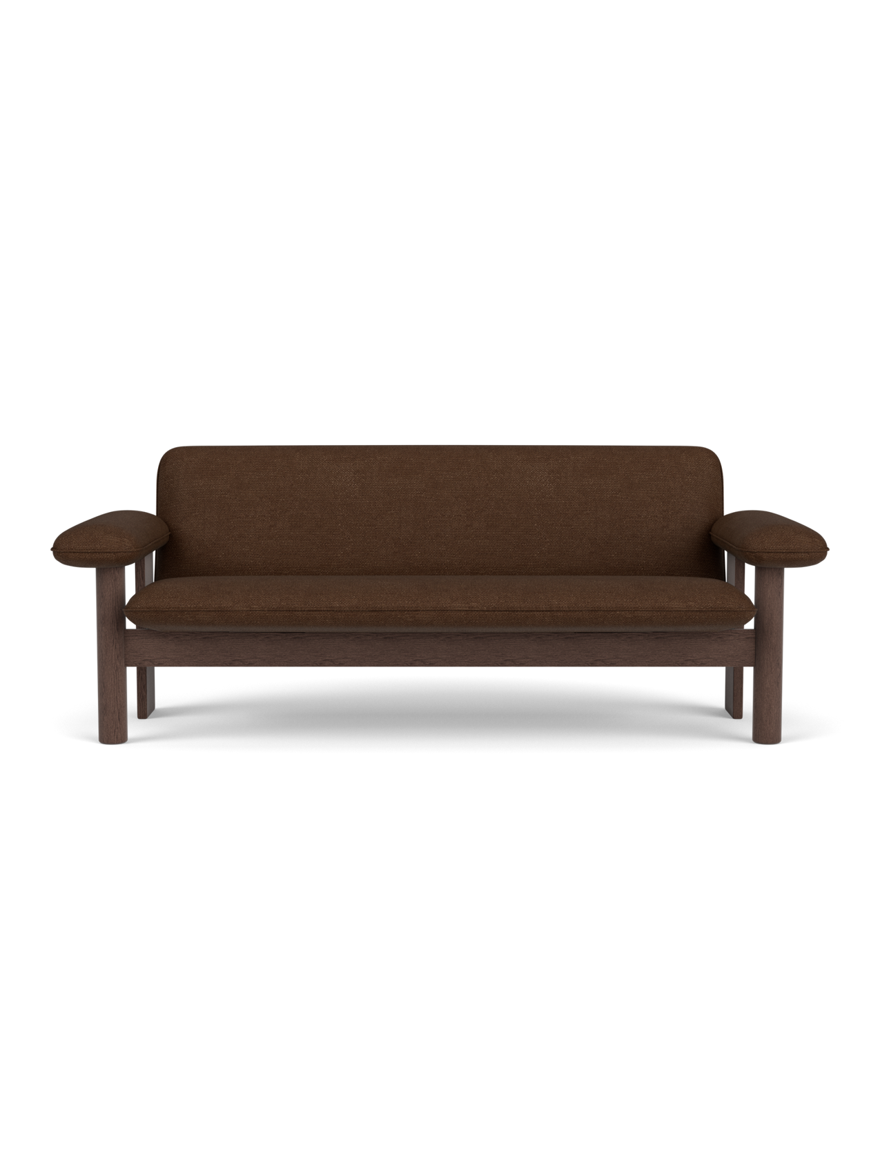 A front-on view of the Brasilia Sofa, featuring a dark stained oak frame and upholstered in a textured, brown bouclé fabric.