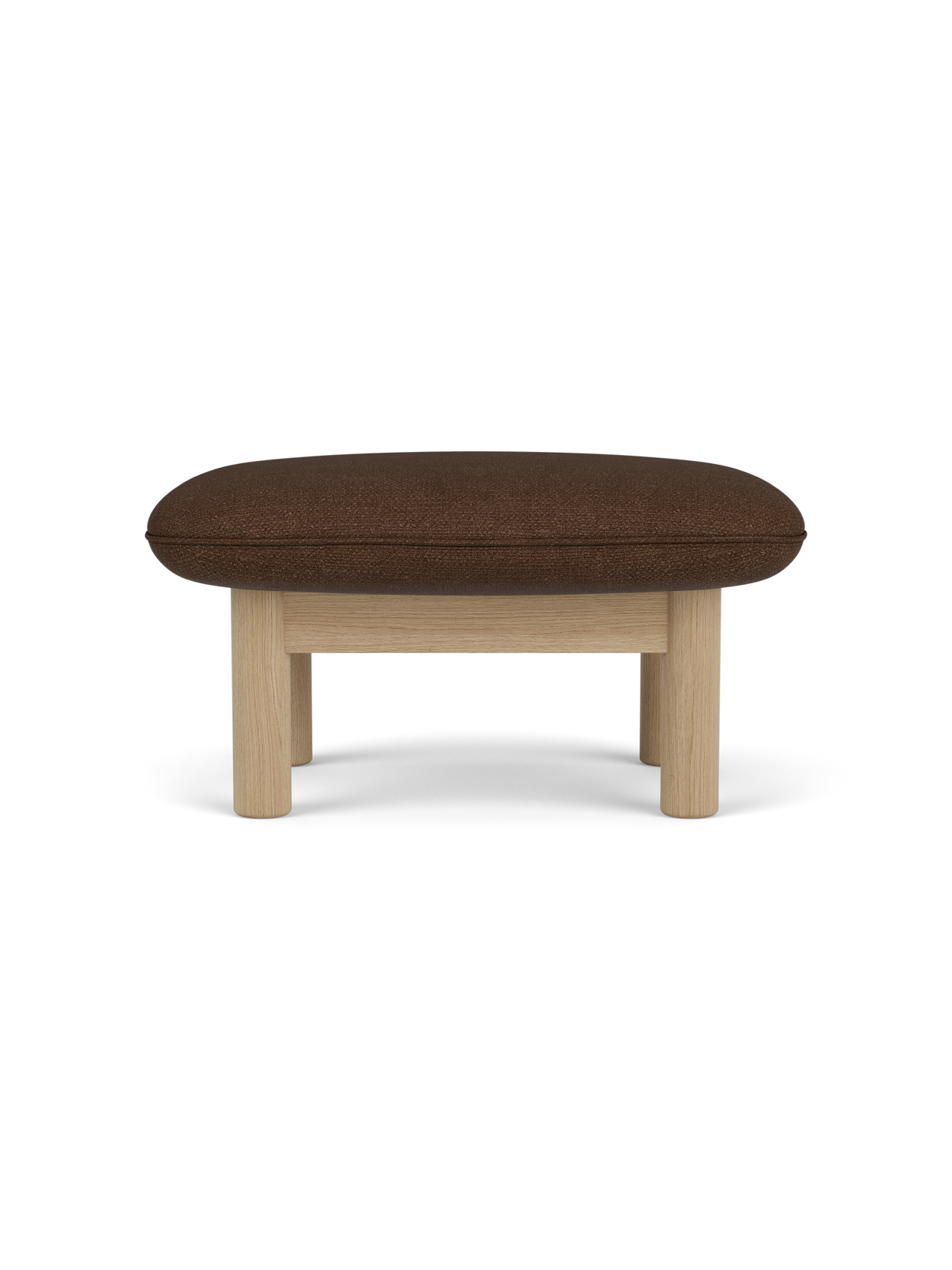 Side profile of the Brasilia Ottoman, upholstered in brown bouclé fabric with a natural oak frame and four cylindrical legs.