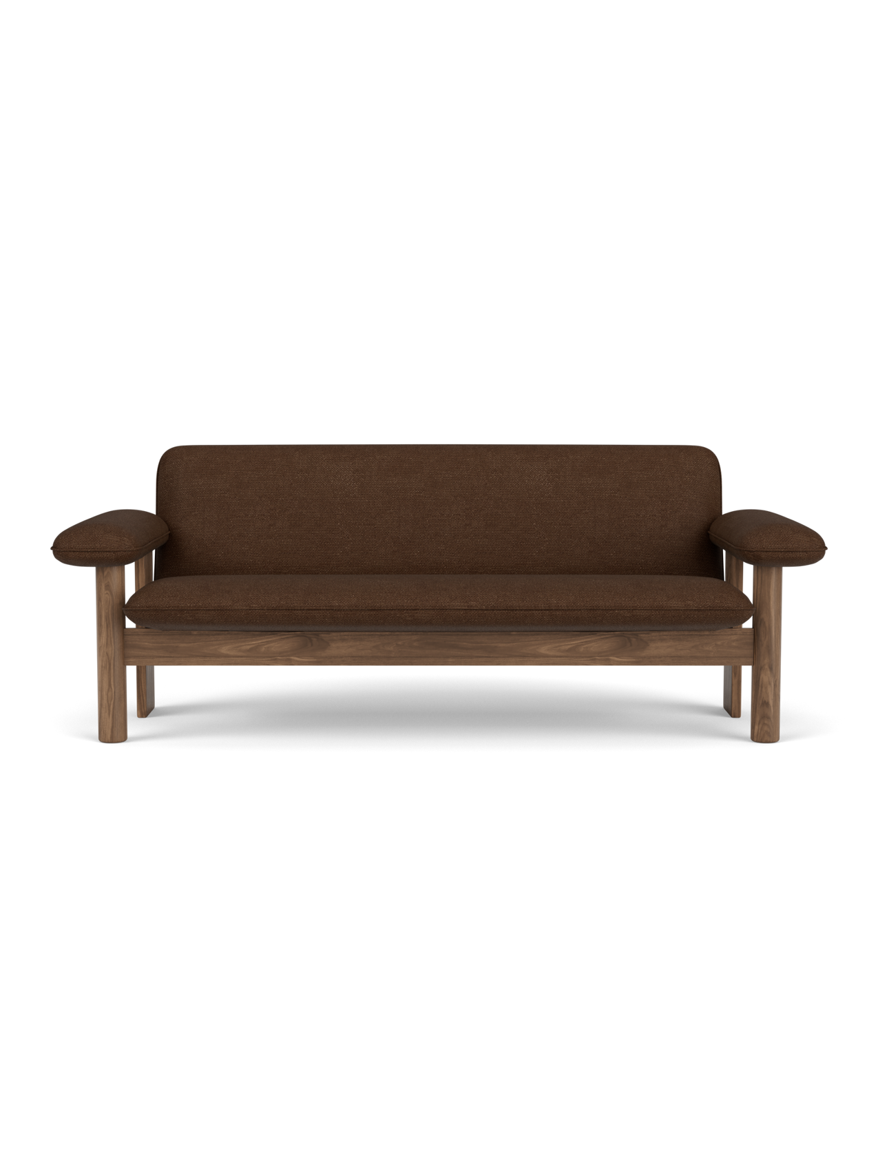 A front view of the Brasilia Sofa with a solid walnut frame and brown Audo Bouclé 07 upholstery against a black background.