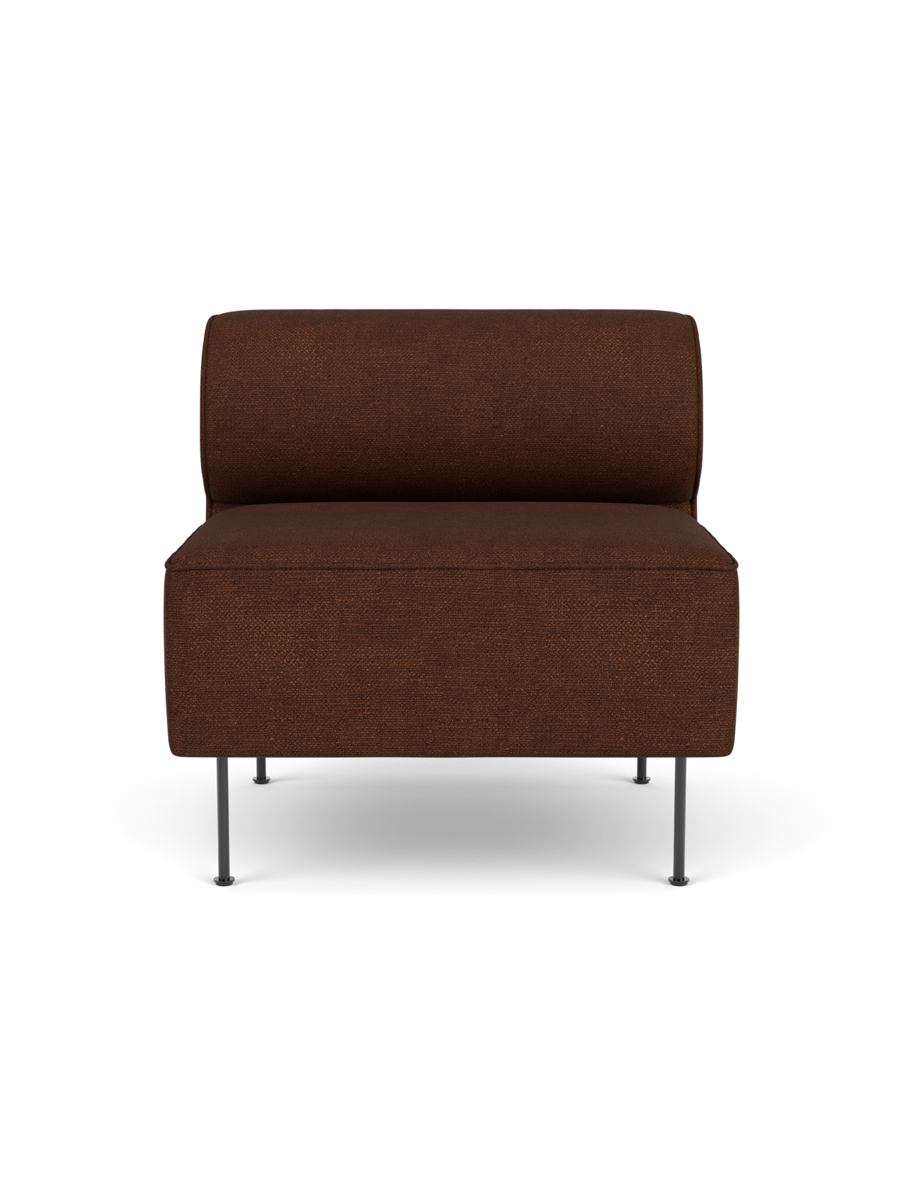 Front view of the Eave Dining Sofa open section module, upholstered in brown Audo Bouclé 08 fabric on slim black metal legs.