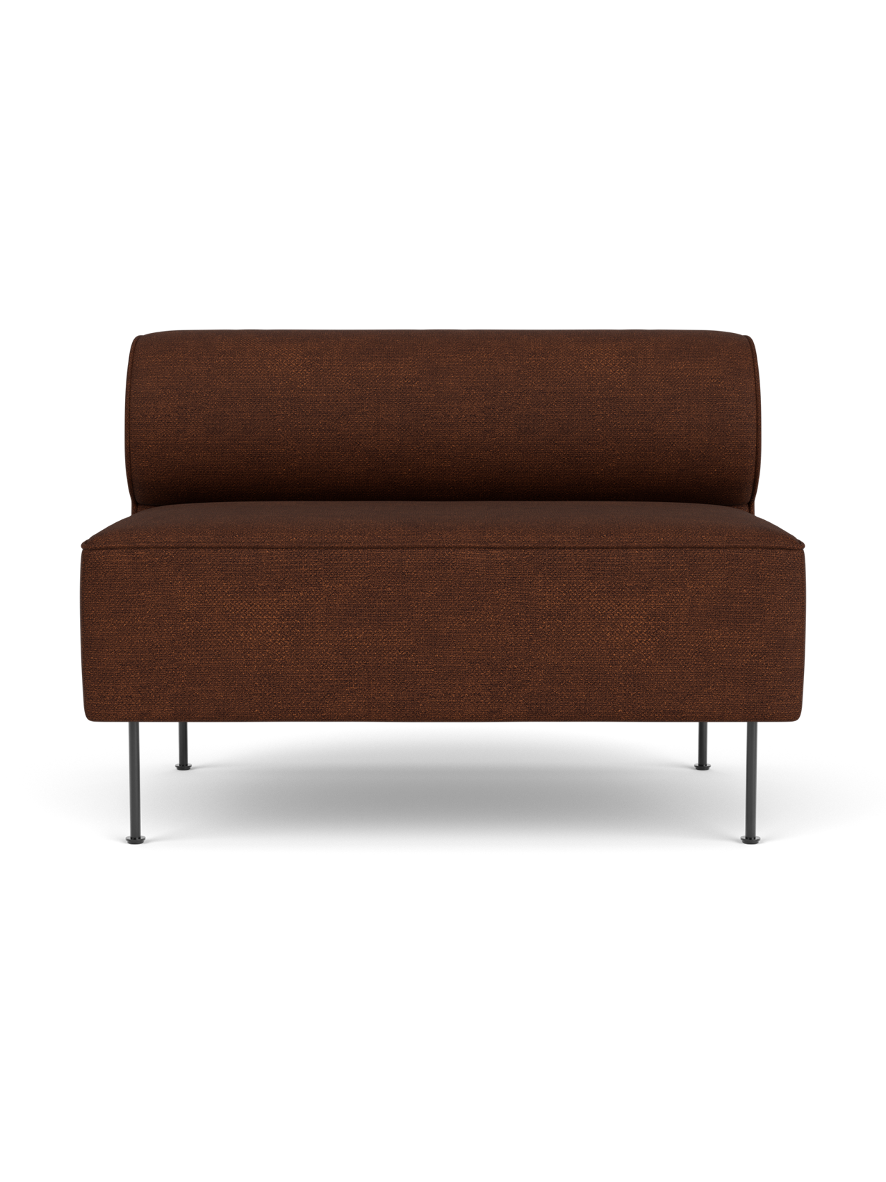 Front view of the Eave Dining Sofa upholstered in dark brown Audo Bouclé 08 fabric, featuring slim black legs.
