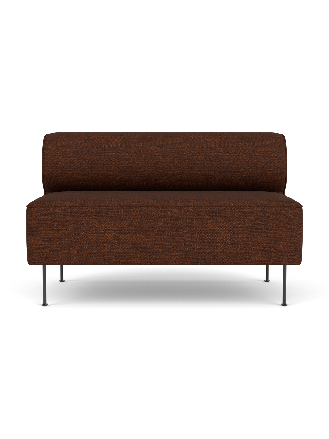 Front view of the Eave Dining Sofa, an open section module in rich brown Audo Bouclé fabric, on slim metal legs.