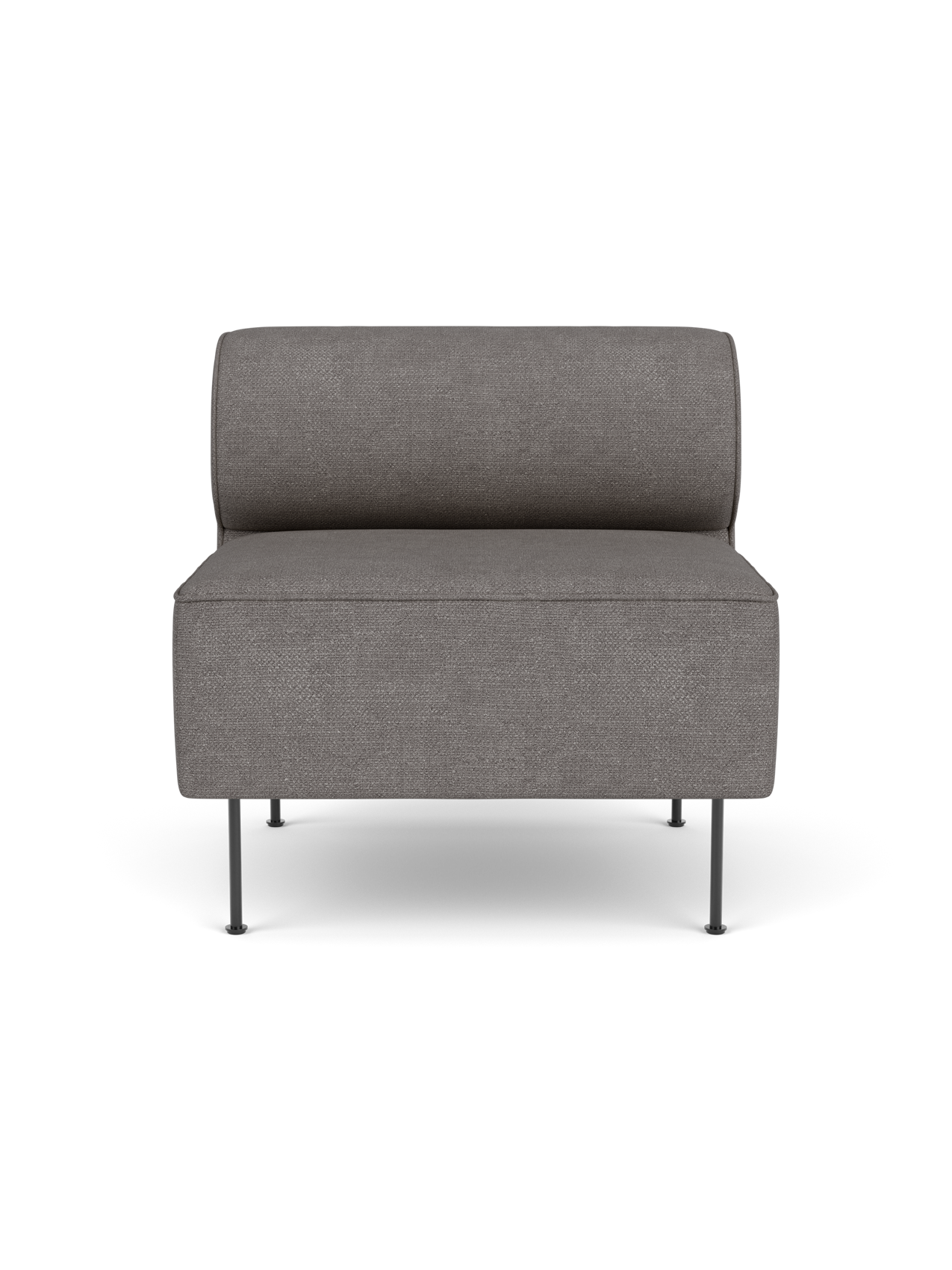 Front view of the Eave Dining Sofa open section module, upholstered in a grey Audo Bouclé 16 fabric, on slender metal legs.