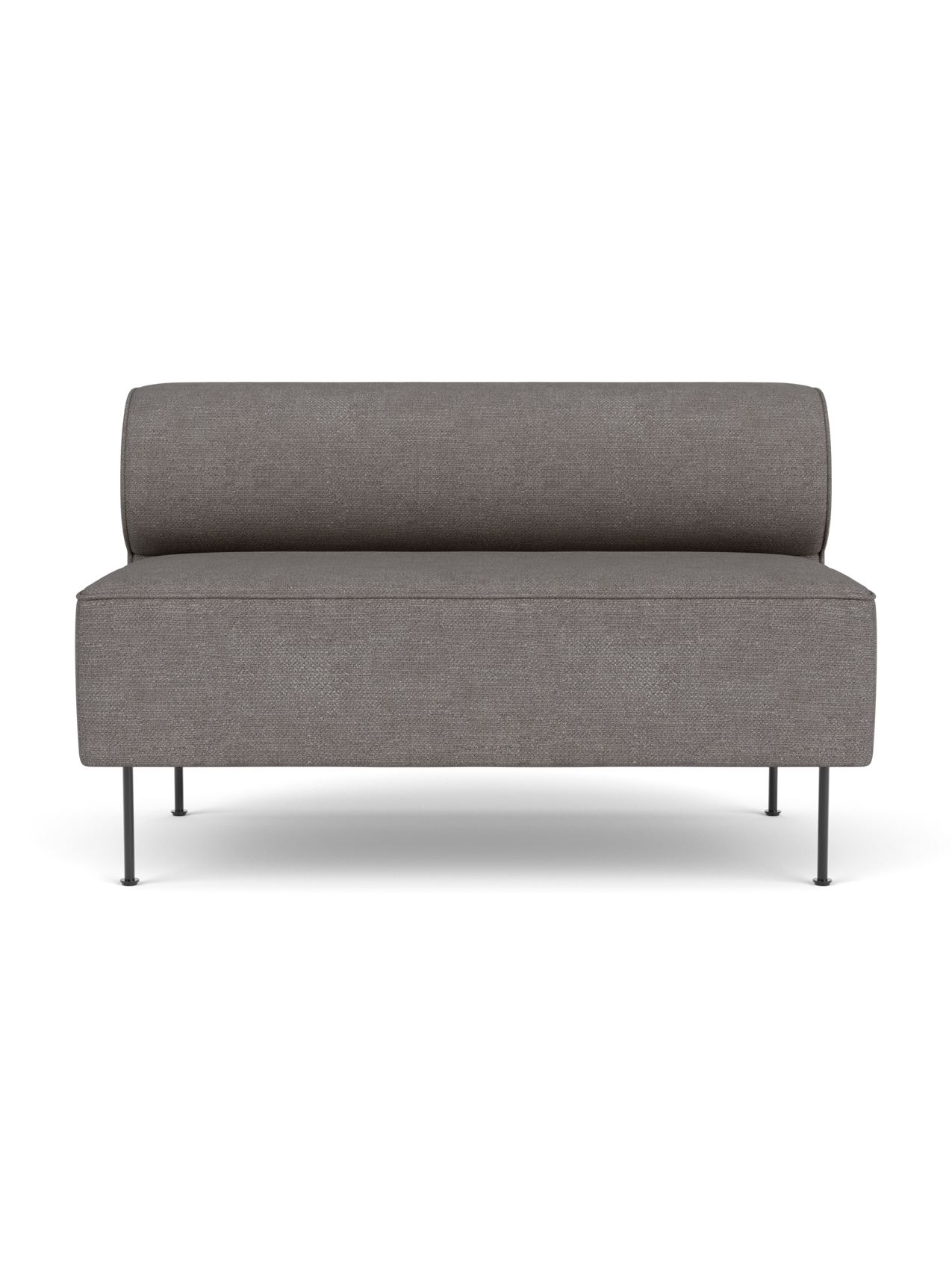 A front view of the Eave Dining Sofa, upholstered in a textured grey-brown Audo Bouclé 16 fabric on a black background.
