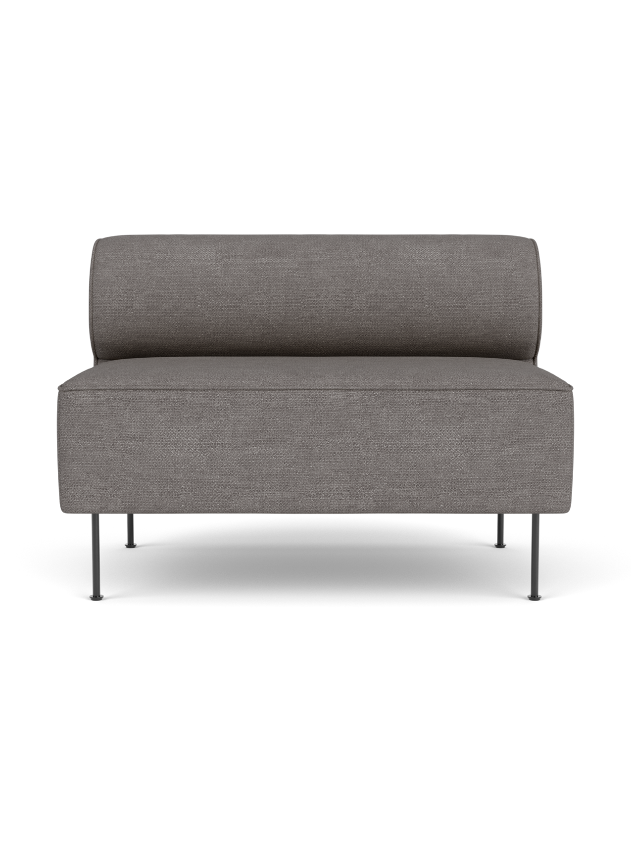 Front view of the Eave Dining Sofa, an open section module, upholstered in textured, grey Audo Bouclé 16 fabric on slim legs.