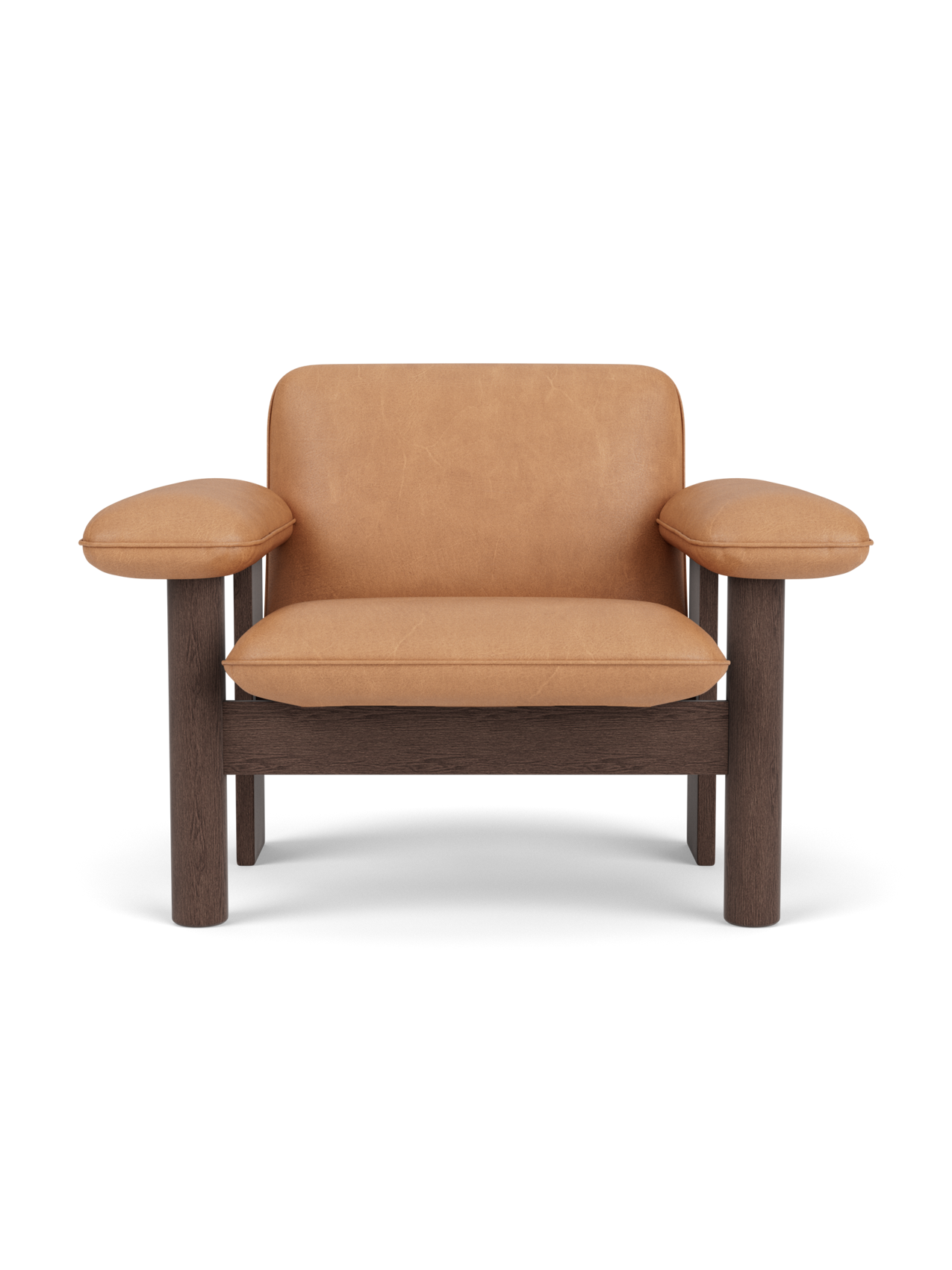Front view of the Brasilia Lounge Chair, Low Back, featuring a dark stained oak frame and camel leather upholstery.