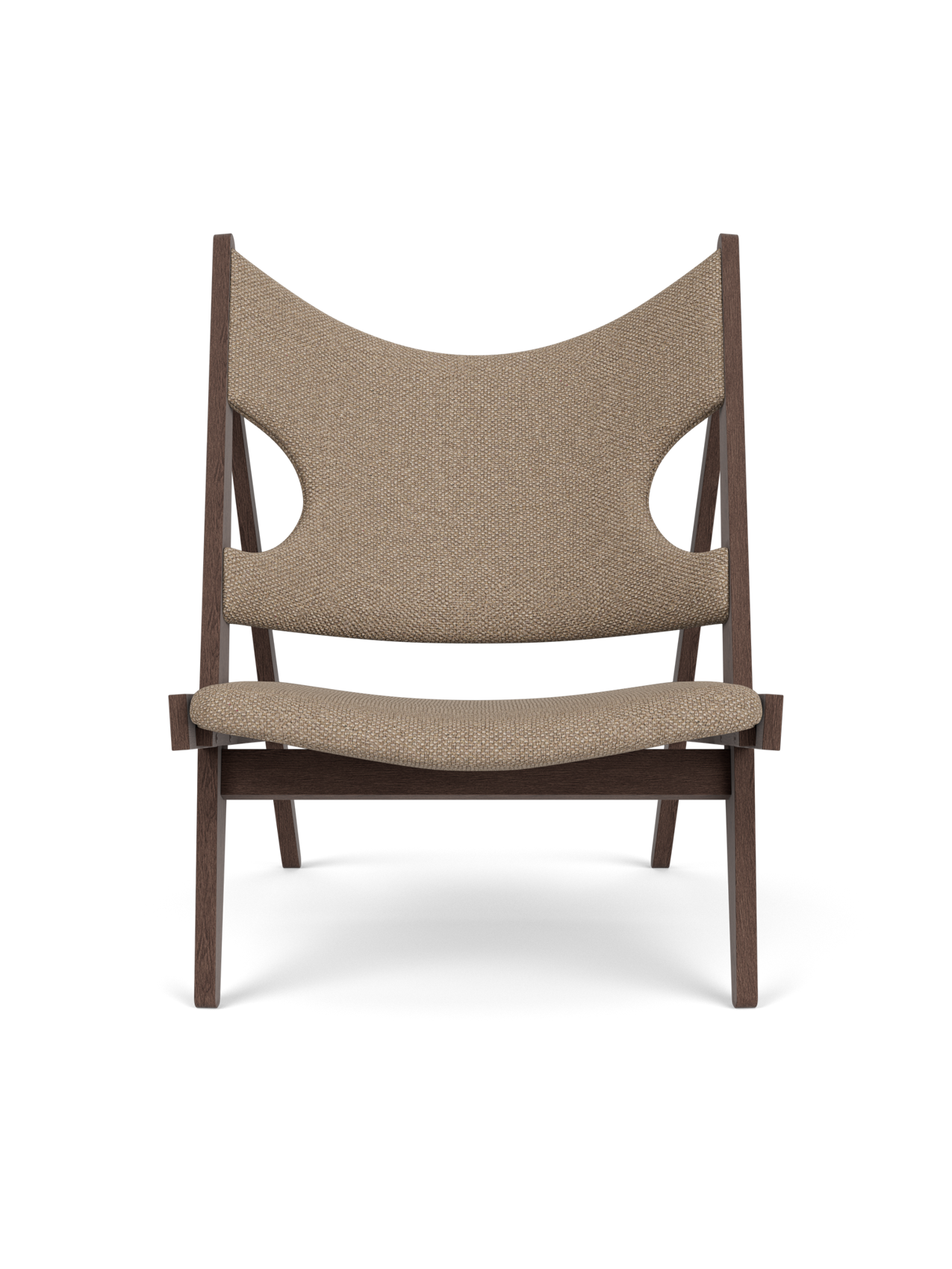 Front view of the Knitting Lounge Chair in dark stained oak with Logan Flint upholstery, on a black background.