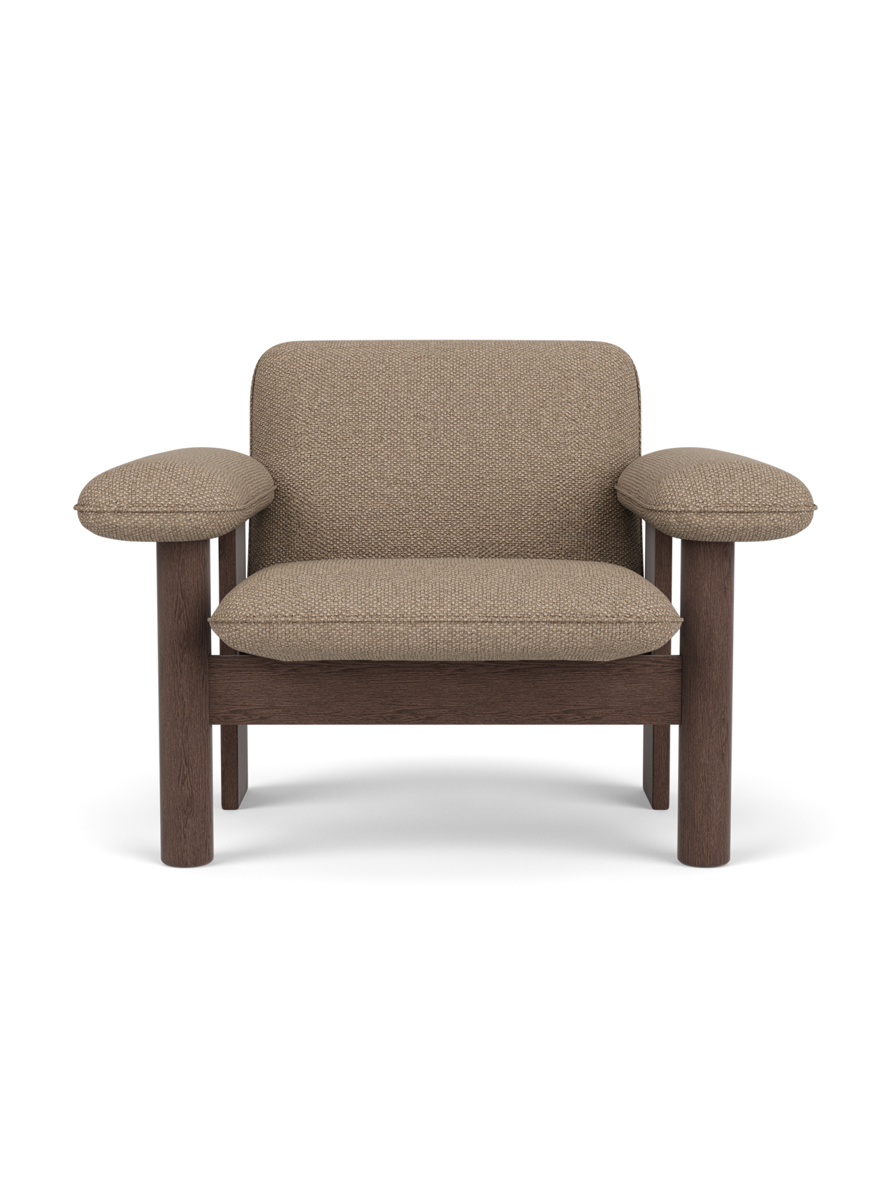 Front view of the Brasilia Lounge Chair, Low Back. Features dark stained oak frame and plush Logan Flint textile upholstery.