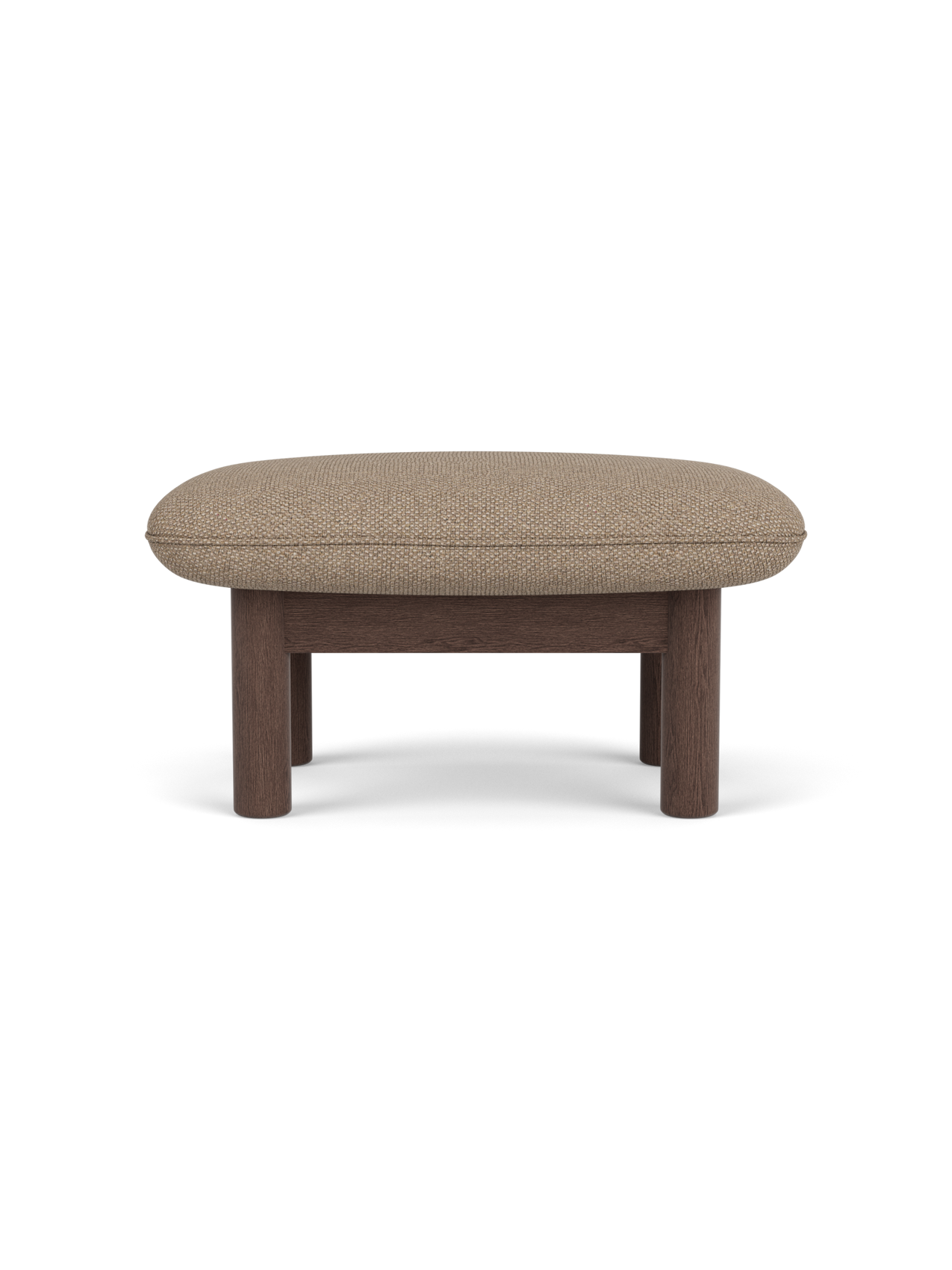Side view of the Brasilia Ottoman in dark stained oak with a textured Logan Flint textile cushion, on a black background.