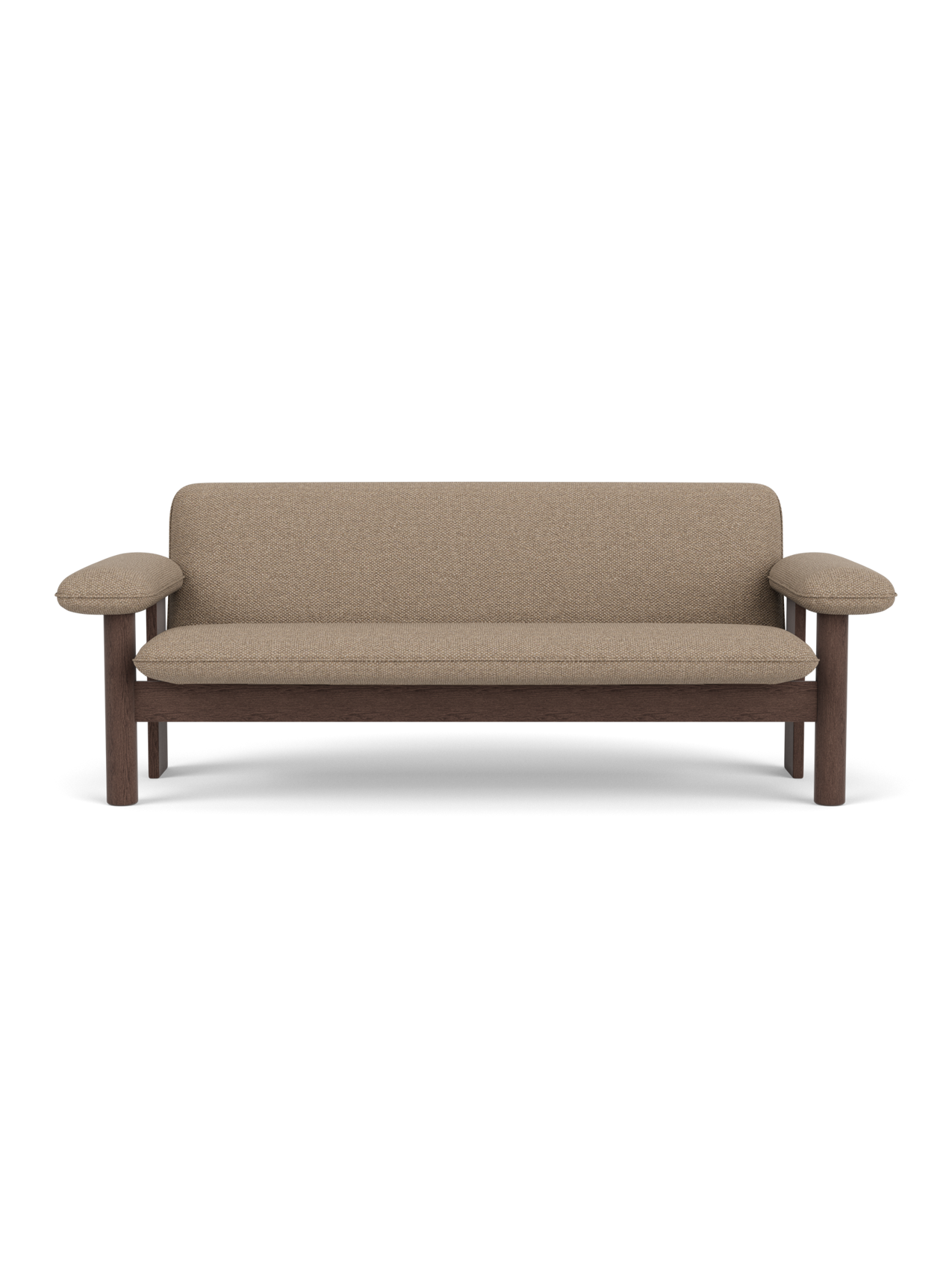 Front view of the Brasilia Sofa with a Dark Stained Oak frame and light brown Logan Flint upholstery on a black background.