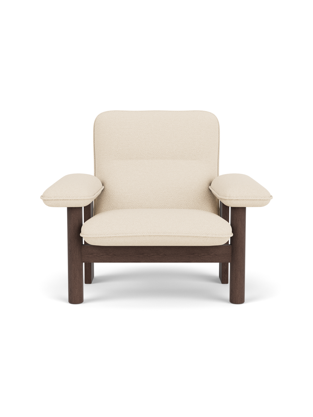Front view of the Brasilia Lounge Chair, High Back, with a dark stained oak frame and cream-coloured Logan Jasmine fabric.