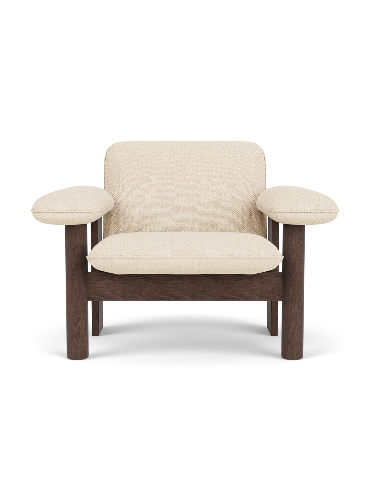 Front view of the Brasilia Lounge Chair, Low Back, with a dark stained oak frame and light Logan Jasmine textile upholstery.