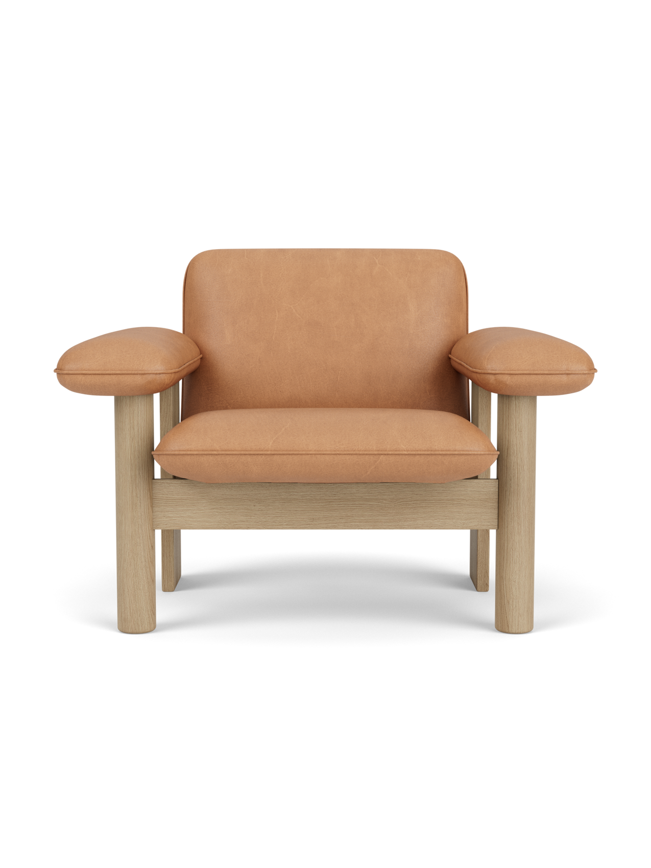 Front view of Brasilia Lounge Chair, Low Back, with a natural oak frame and camel leather upholstery, on a black background.