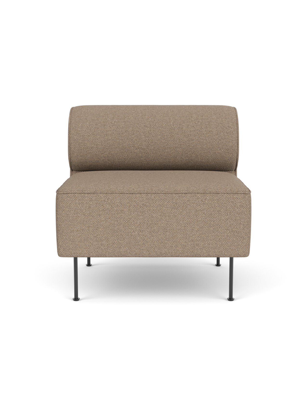 Front view of an Eave Dining Sofa module upholstered in light brown Logan Flint fabric, with a low back and slim metal legs.