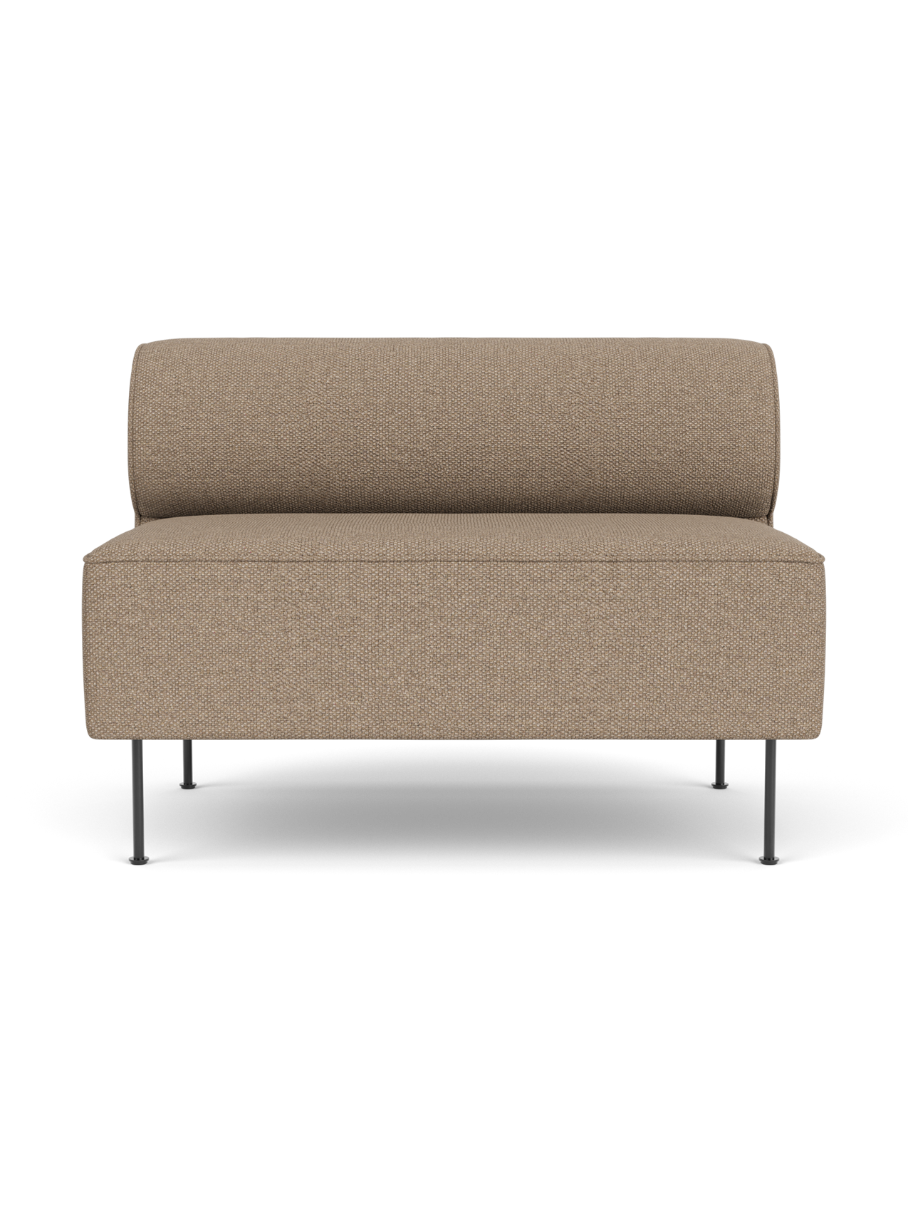 A front view of the Eave Dining Sofa, open section module upholstered in beige Logan Flint fabric on slim black legs.