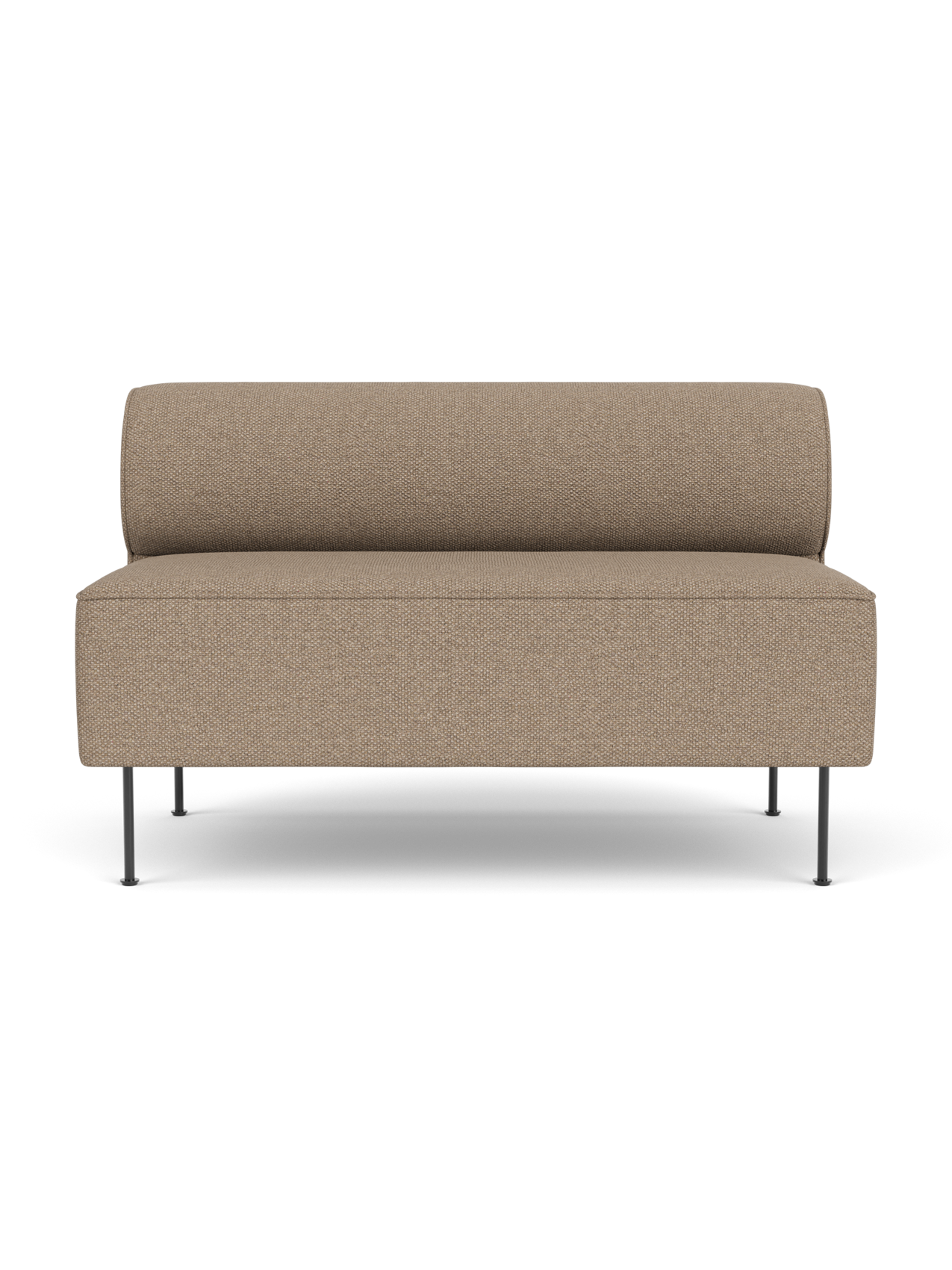 Front view of the Eave Dining Sofa in Logan Flint fabric, featuring a minimalist design with slender metal legs.