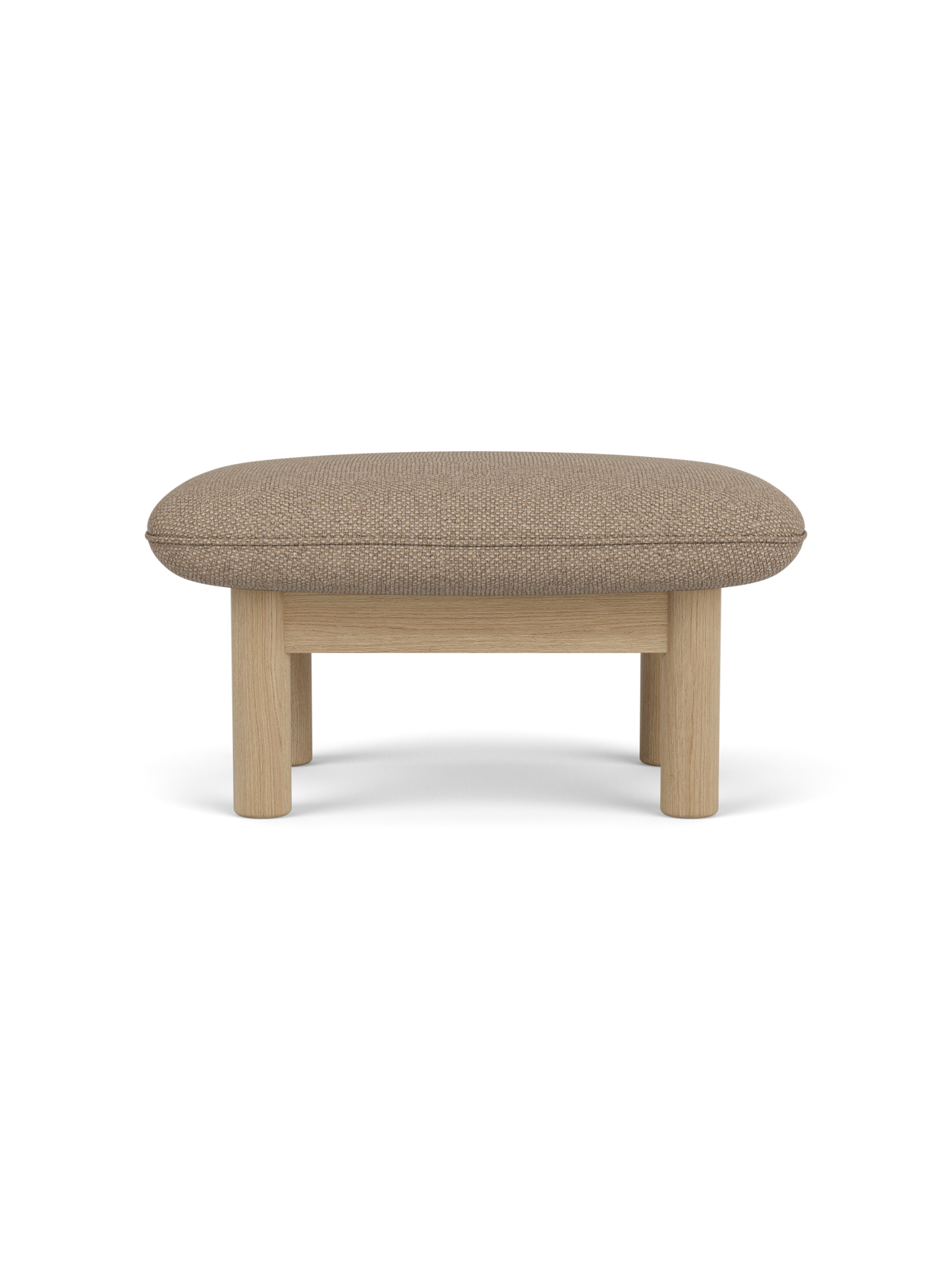 A side view of the Brasilia Ottoman, featuring a textured Logan Flint upholstered cushion and a solid natural oak wood frame.