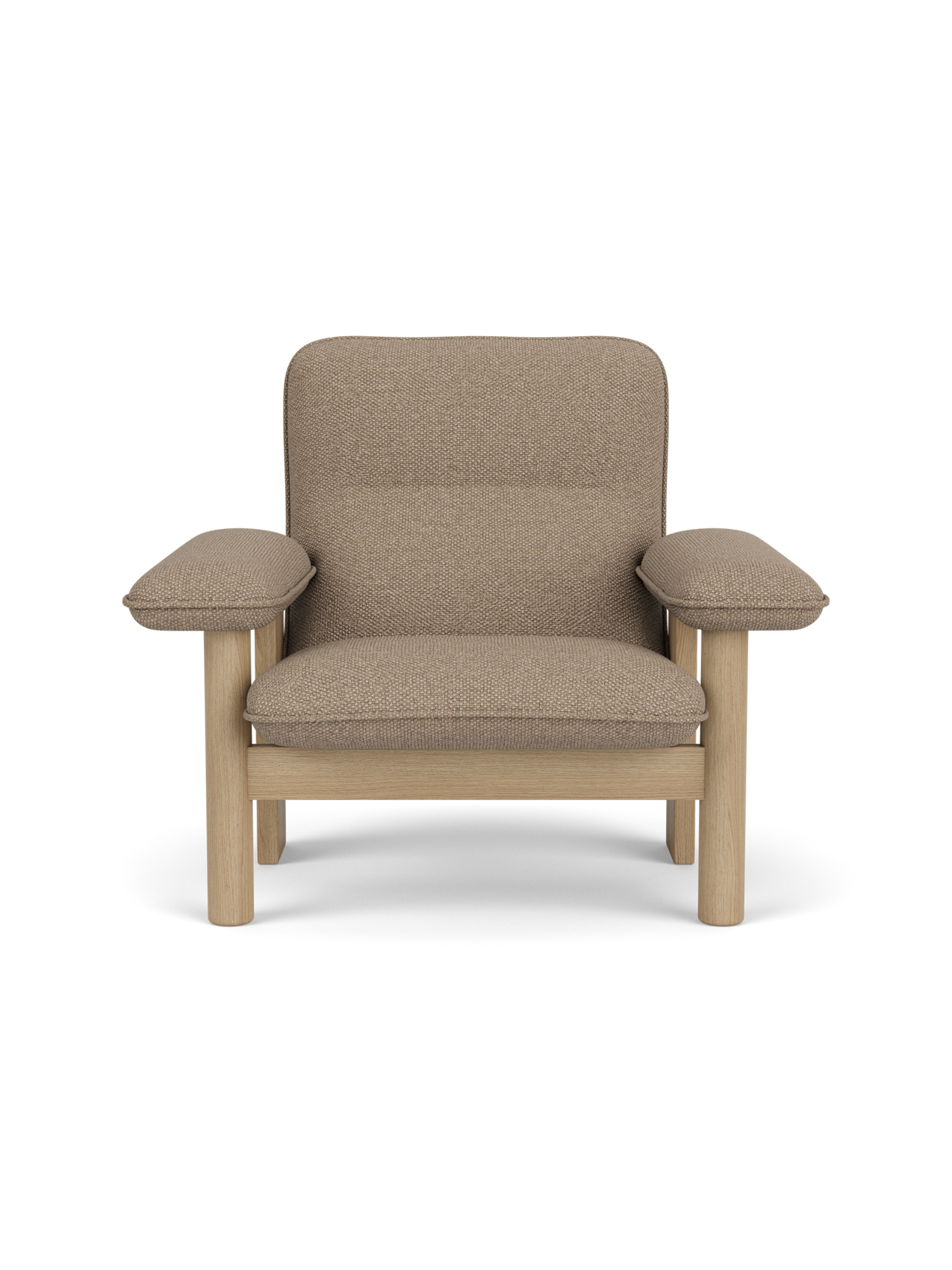Front view of the Brasilia Lounge Chair with a high back, upholstered in textured Logan Flint fabric on a natural oak frame.