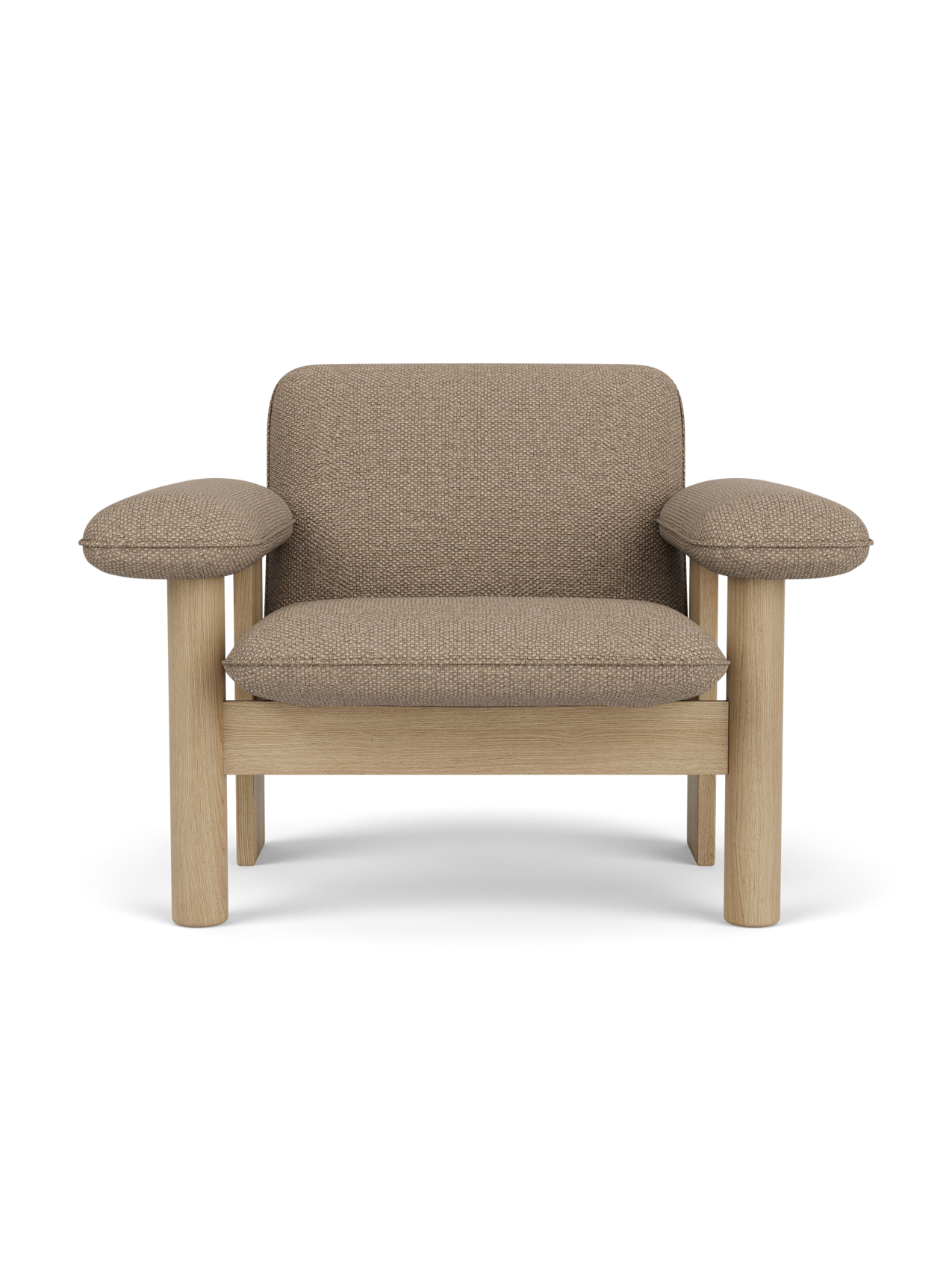 Front view of the Brasilia Lounge Chair, Low Back, upholstered in Logan Flint textile with a natural solid oak frame.