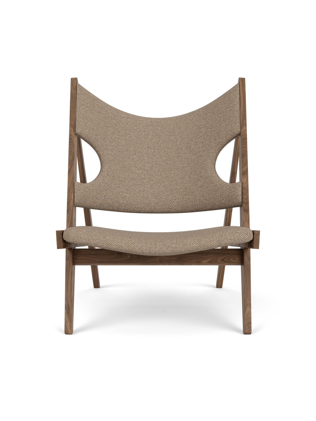 Front view of the Knitting Lounge Chair in walnut with light brown Logan Flint upholstery and its distinctive side cut-outs.