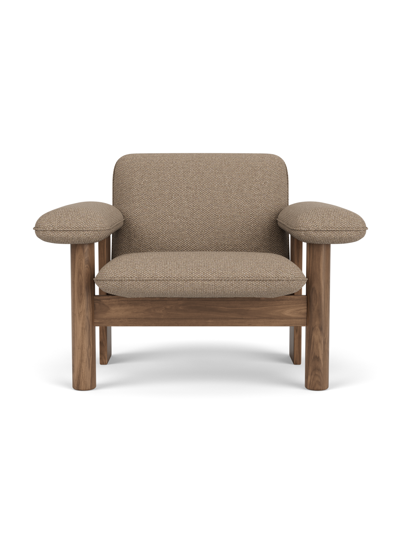 Front view of the Brasilia Lounge Chair, Low Back, featuring a solid walnut frame and Logan Flint textile upholstery.