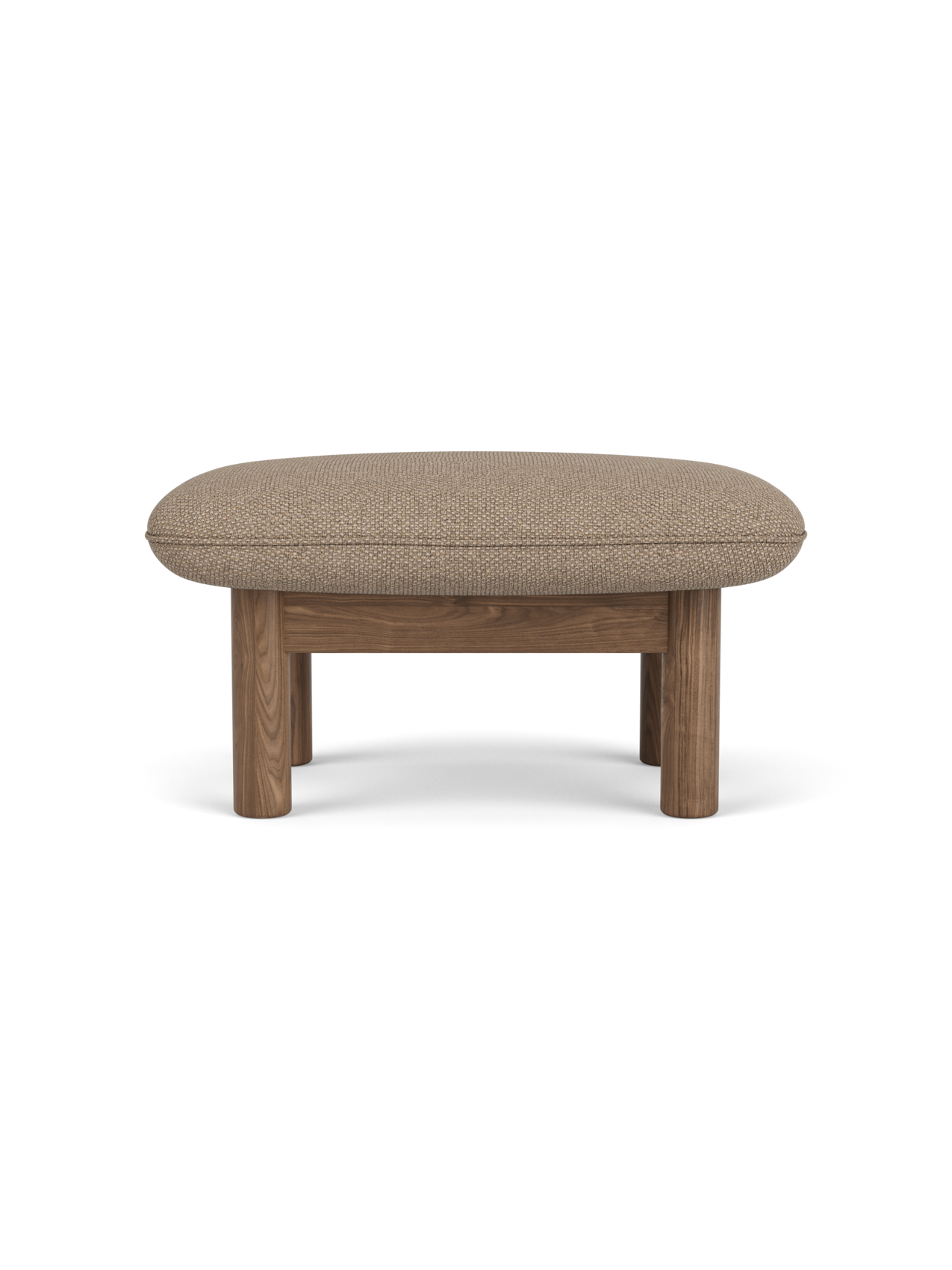 Side profile of the Brasilia Ottoman with a walnut frame and cushioned seat upholstered in textured Logan Flint fabric.