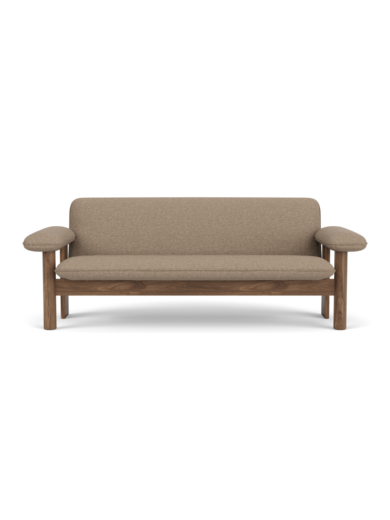 Front view of the Brasilia Sofa, featuring a solid walnut wood frame and light brown Logan Flint textile upholstery.