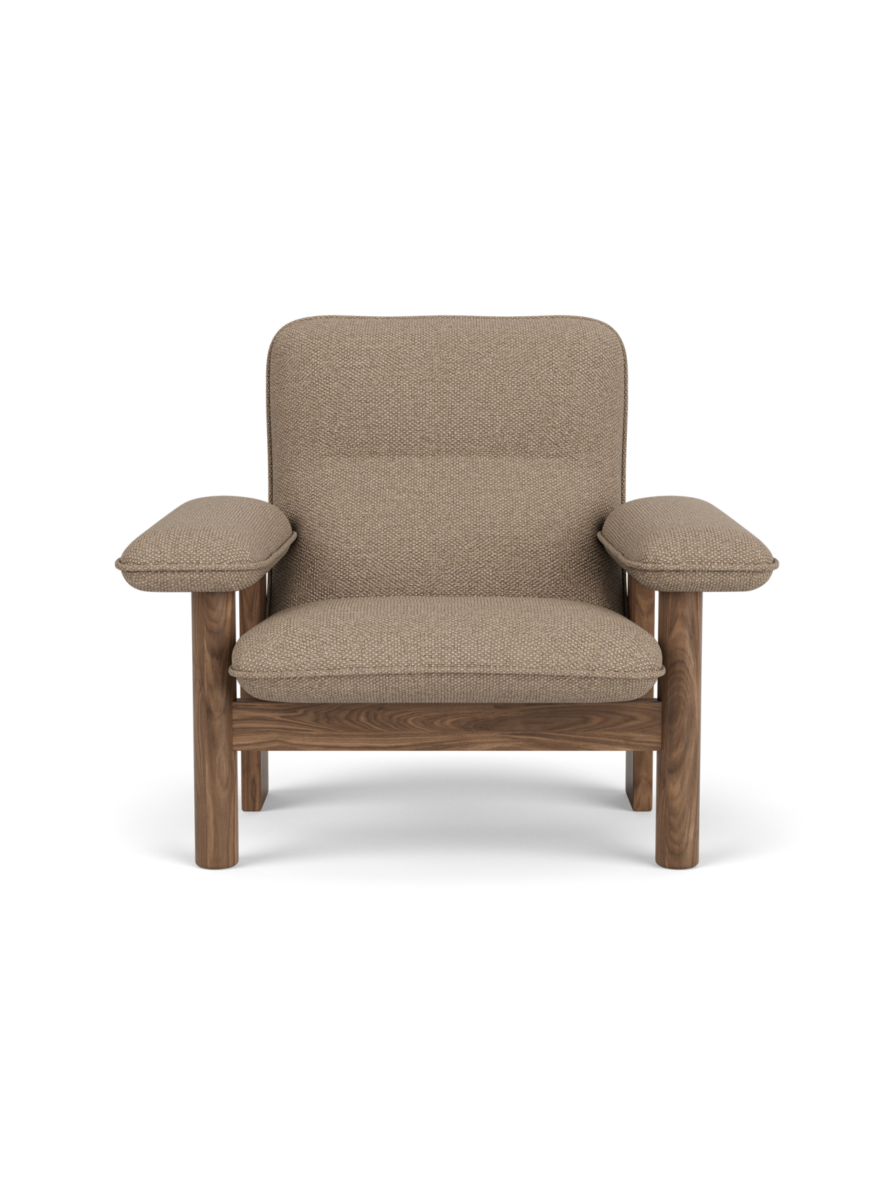 Front view of the Brasilia Lounge Chair, High Back, with a solid walnut frame, stout legs, and beige fabric upholstery.