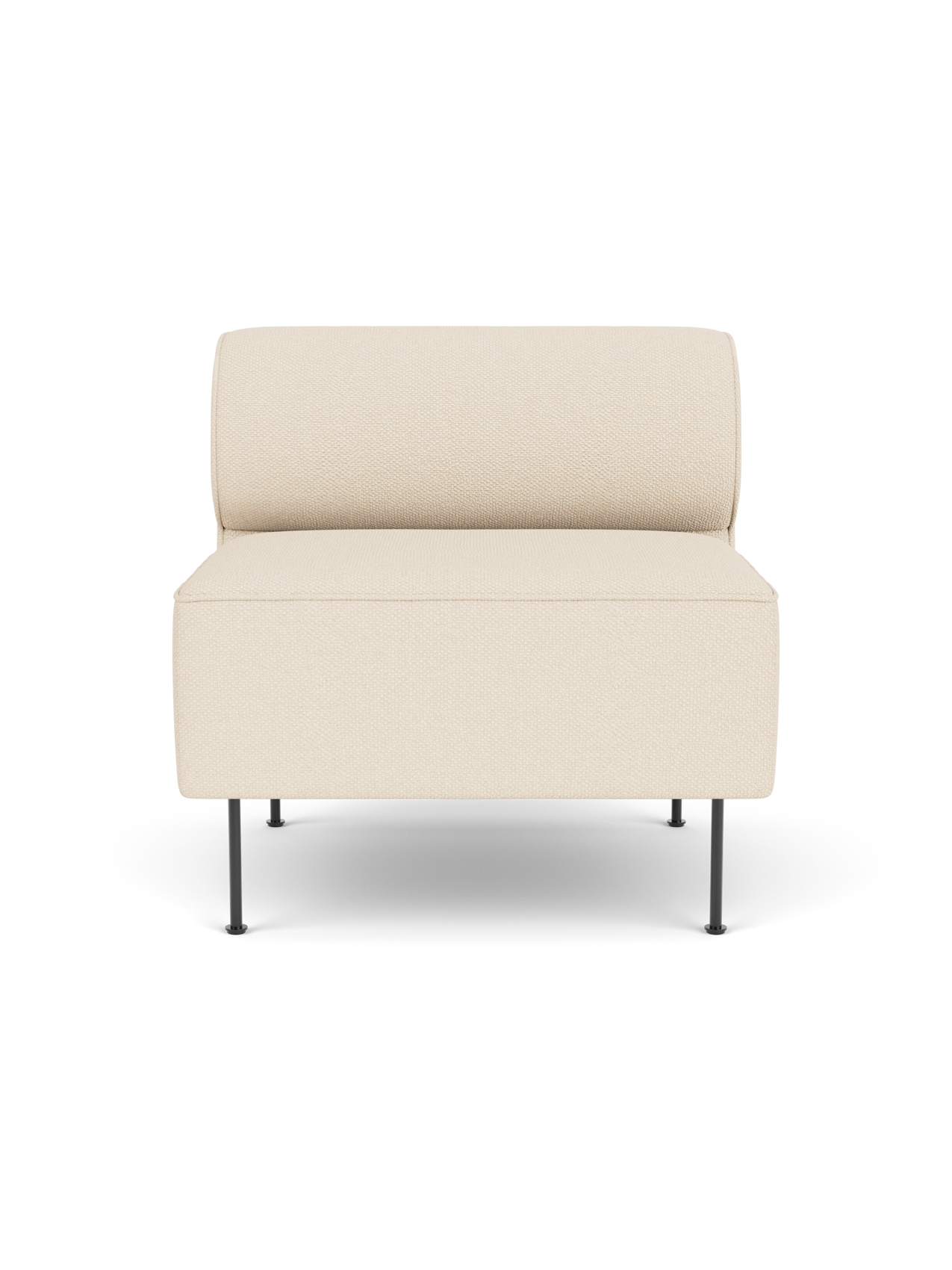 A front view of the Eave Dining Sofa open section module in cream Logan Jasmine fabric on slender black legs.