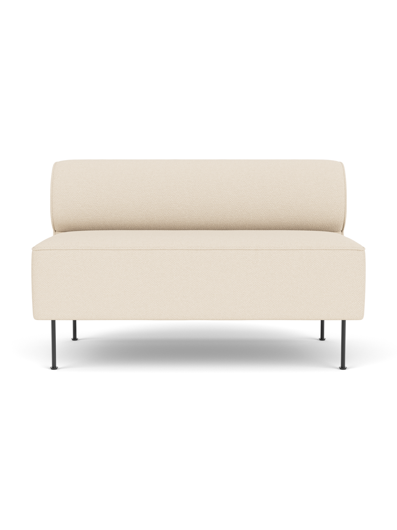 Front view of the Eave Dining Sofa in off-white Logan Jasmine fabric, with a rounded backrest and slender, dark metal legs.
