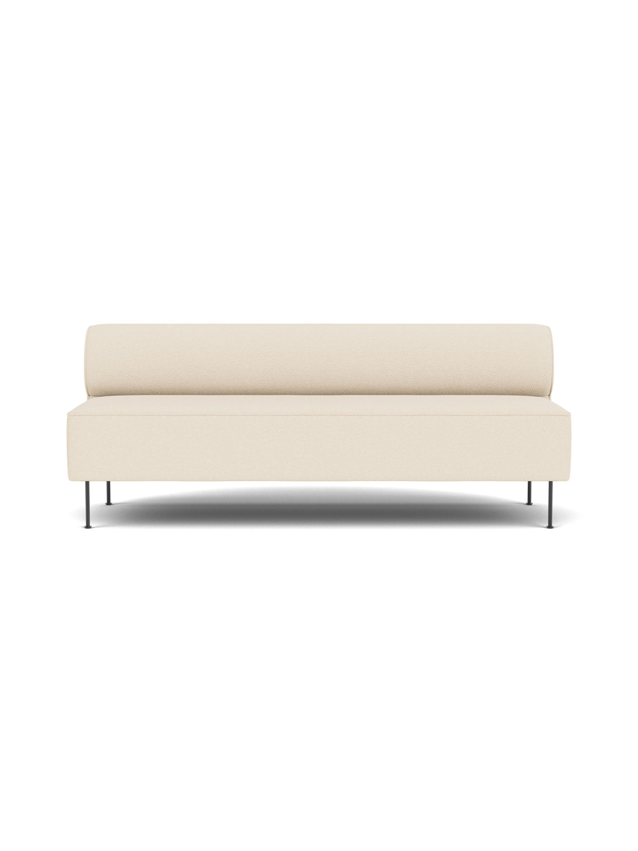 Front view of the Eave Dining Sofa in Logan Jasmine, a light cream textured fabric, with a low back and slender black legs.